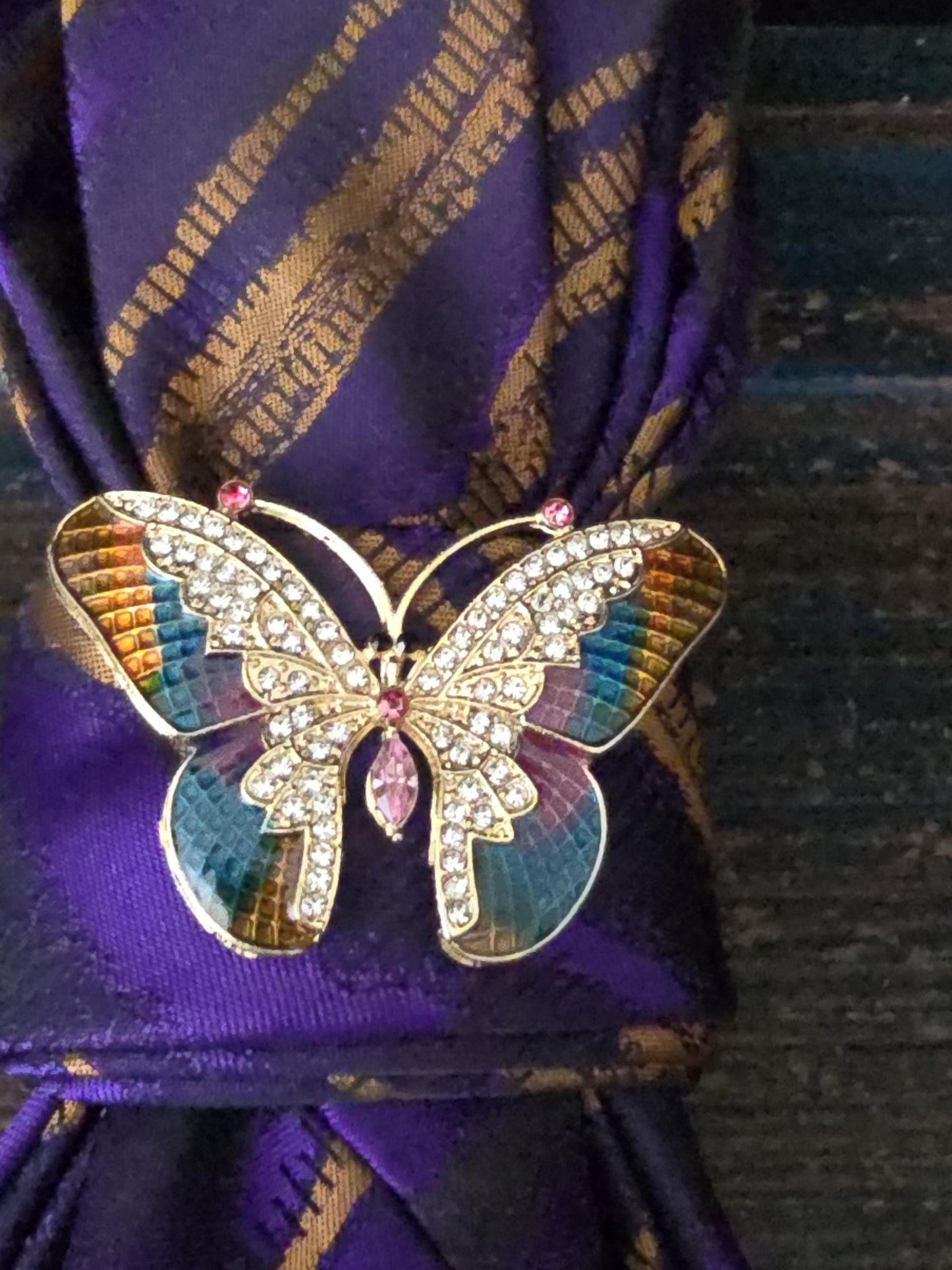 Butterfly Brooch Necklace - Purple, Gold and Black Women's Tie-Handcrafted Statement Jewelry - Brooch Necktie - Stylish Neckwear For Women