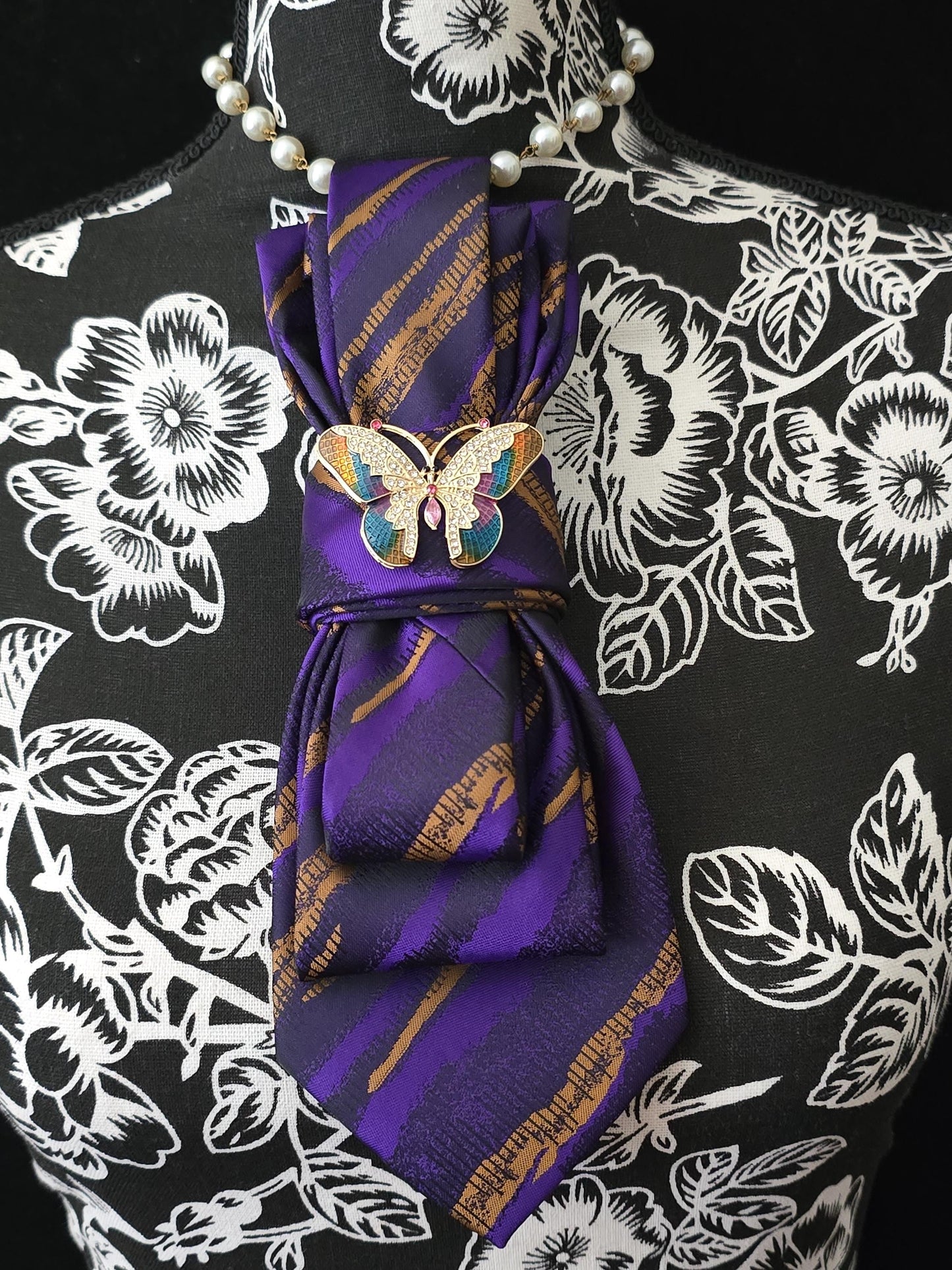 Butterfly Brooch Necklace - Purple, Gold and Black Women's Tie-Handcrafted Statement Jewelry - Brooch Necktie - Stylish Neckwear For Women