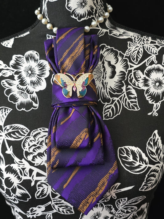 Butterfly Brooch Necklace - Purple, Gold and Black Women's Tie-Handcrafted Statement Jewelry - Brooch Necktie - Stylish Neckwear For Women