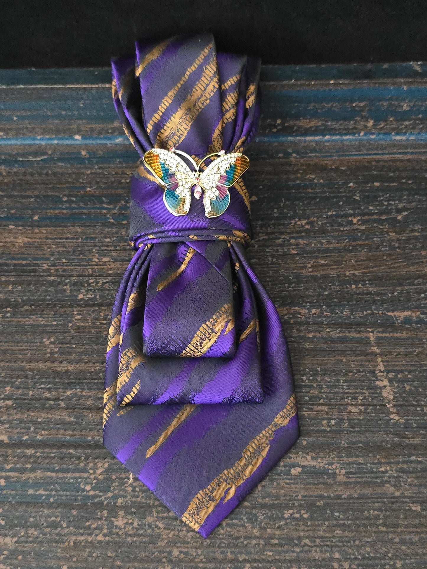 Butterfly Brooch Necklace - Purple, Gold and Black Women's Tie-Handcrafted Statement Jewelry - Brooch Necktie - Stylish Neckwear For Women