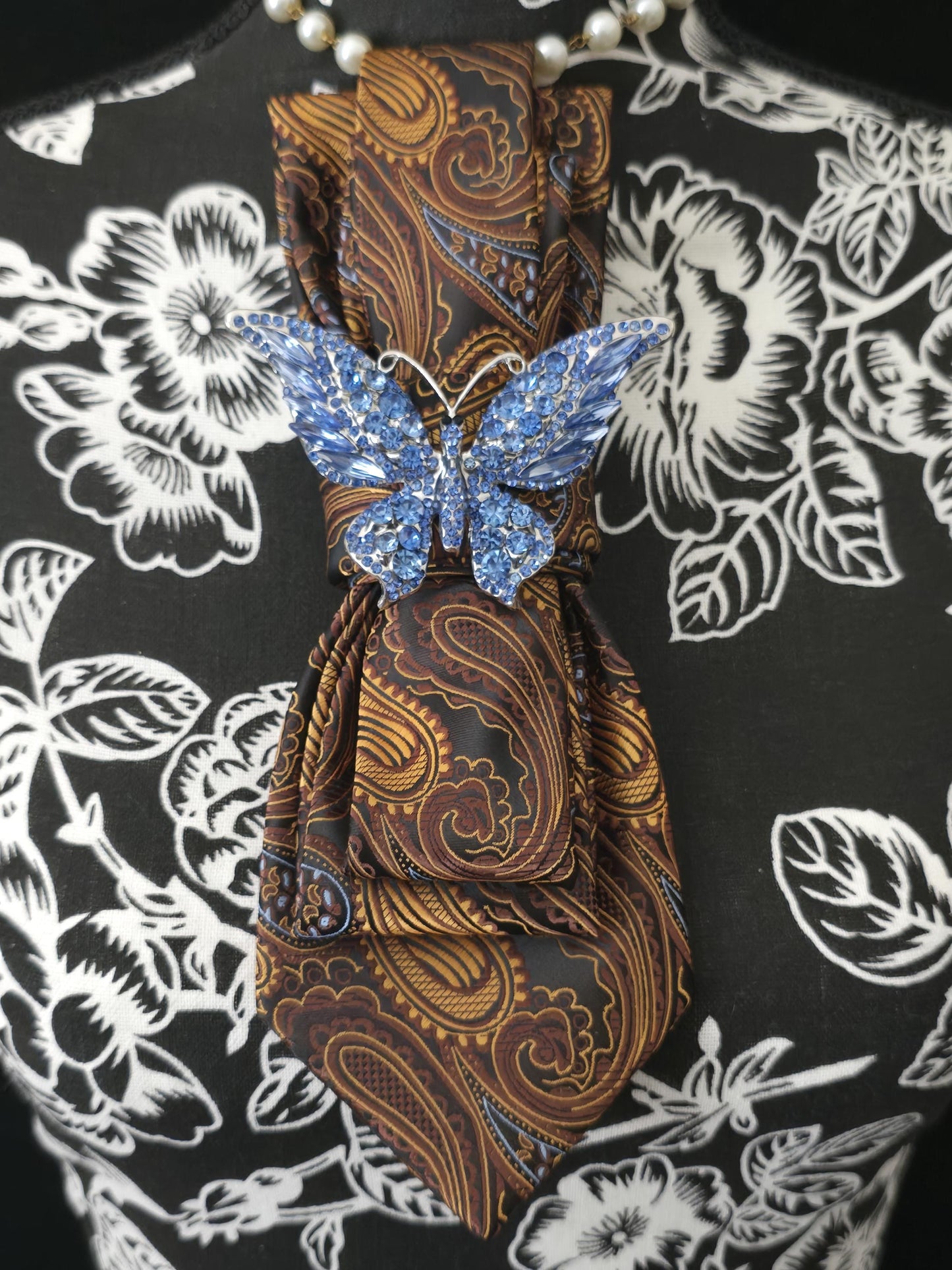 Brown Paisley Necktie Necklace: Brown Silk, Rhinestone Butterfly Brooch