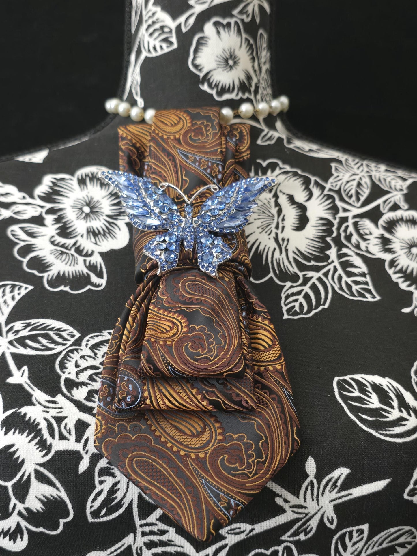Brown Paisley Necktie Necklace: Brown Silk, Rhinestone Butterfly Brooch