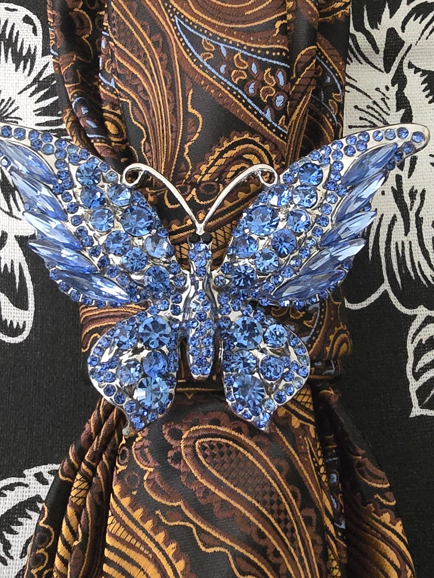 Brown Paisley Necktie Necklace: Brown Silk, Rhinestone Butterfly Brooch