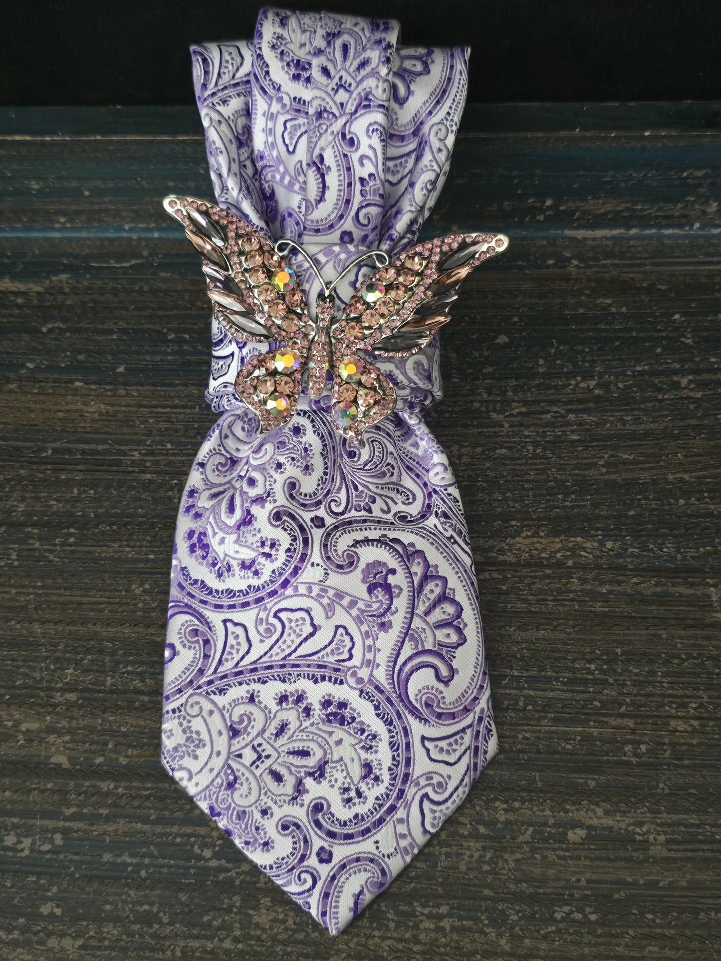 Purple Paisley Necktie Necklace: Purple Silk, Rhinestone Butterfly Brooch