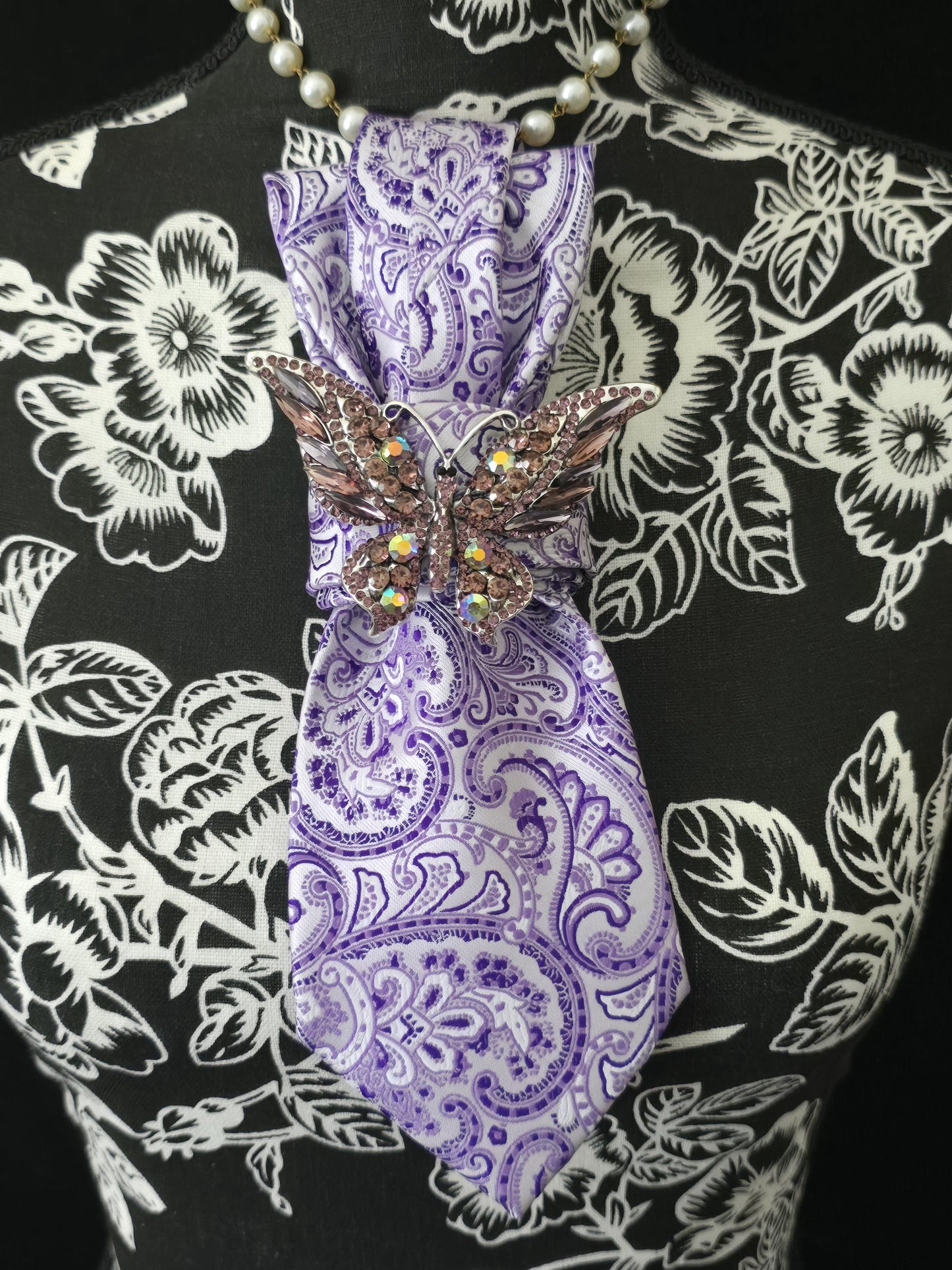 Purple Paisley Necktie Necklace: Purple Silk, Rhinestone Butterfly Brooch