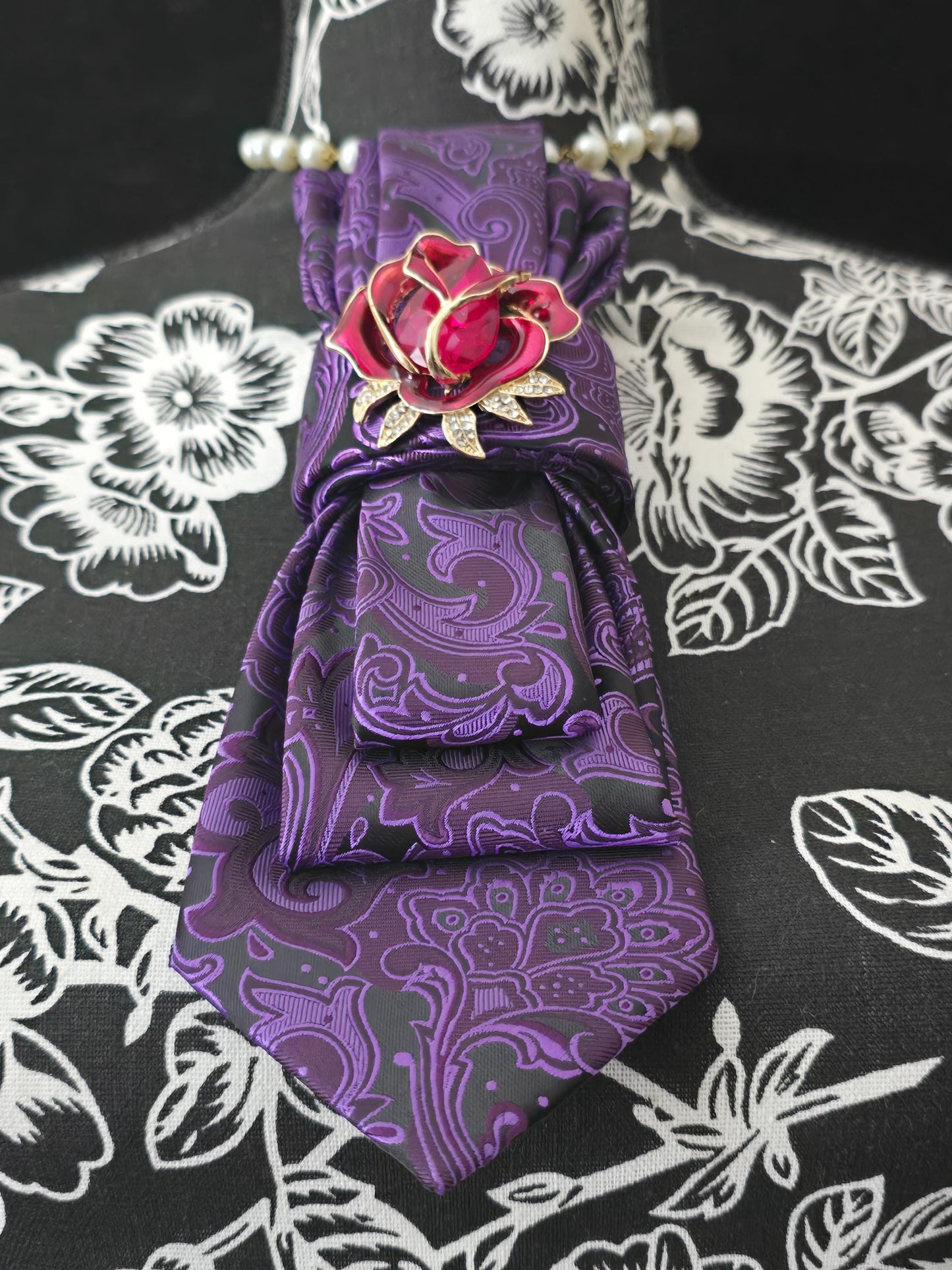 Purple Paisley Women's Tie- Ballerina Brooch Necklace - Handcrafted Statement Jewelry - Brooch Necktie - Stylish Neckwear For Women