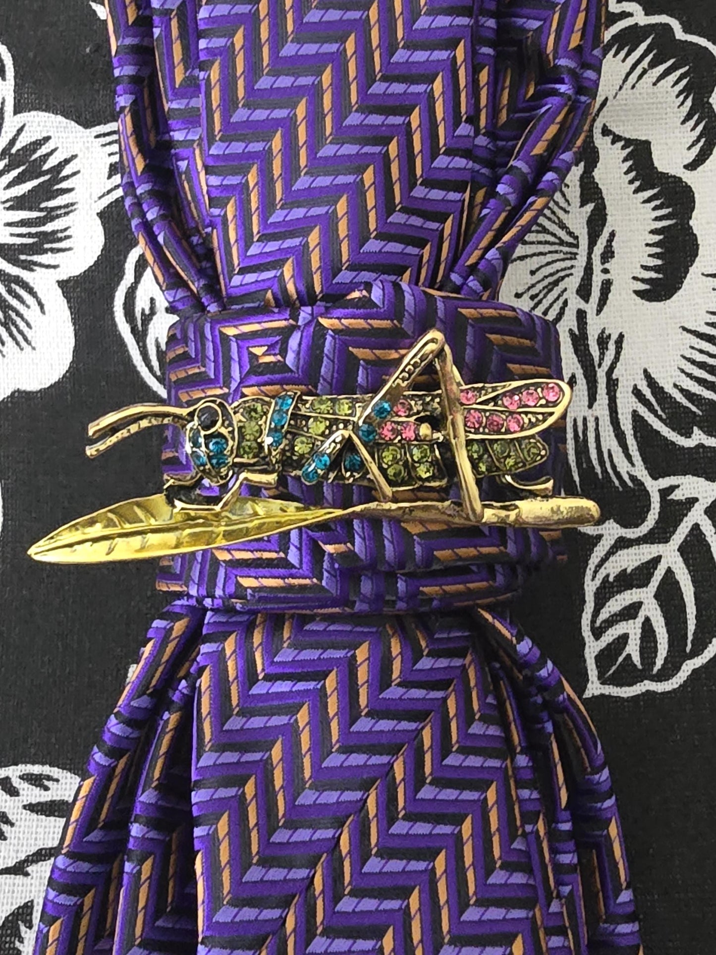 Purple  Women's Tie- Grasshopper Brooch Necklace - Handcrafted Statement Jewelry - Brooch Necktie - Stylish Neckwear For Women