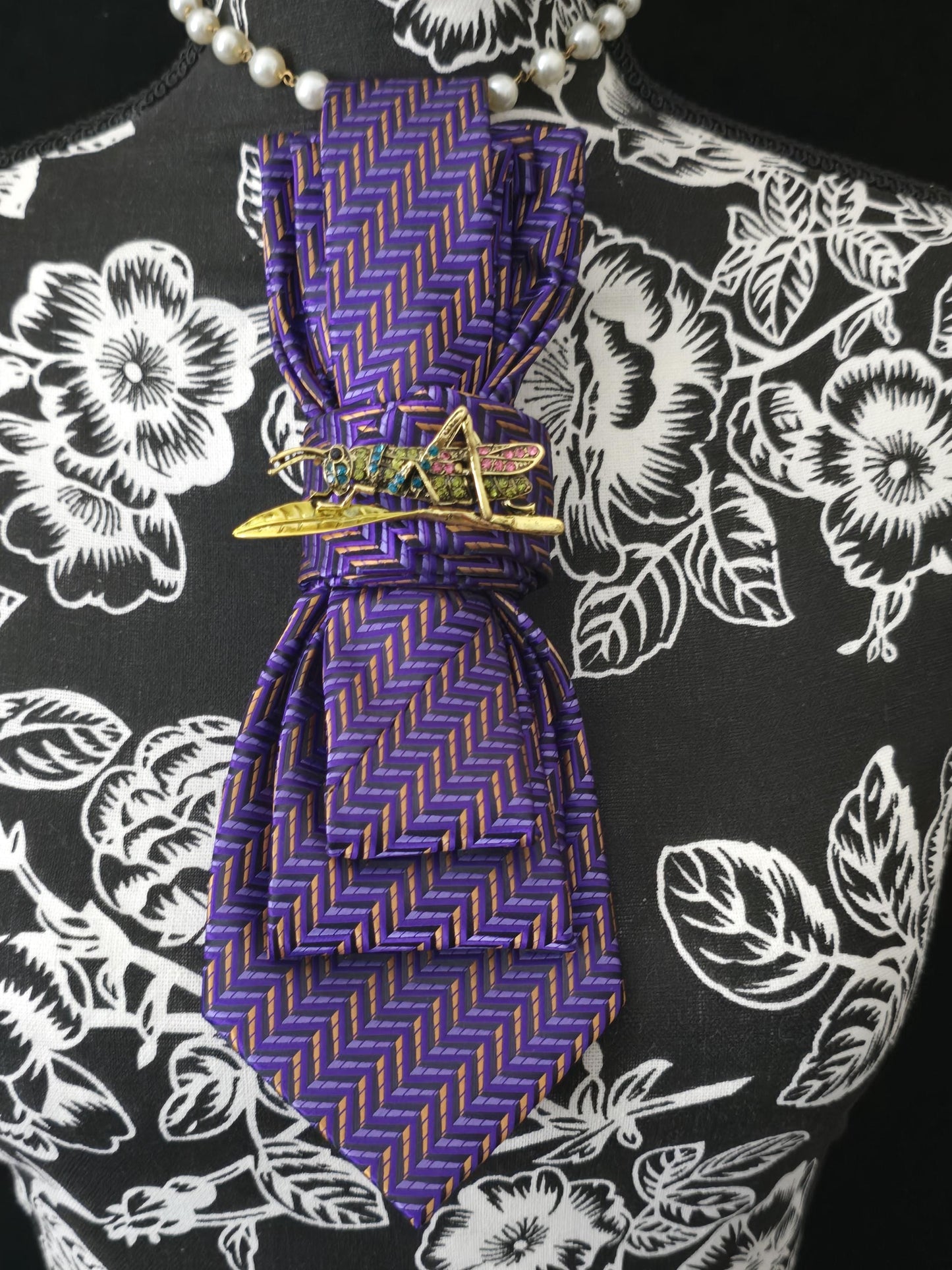 Purple  Women's Tie- Grasshopper Brooch Necklace - Handcrafted Statement Jewelry - Brooch Necktie - Stylish Neckwear For Women