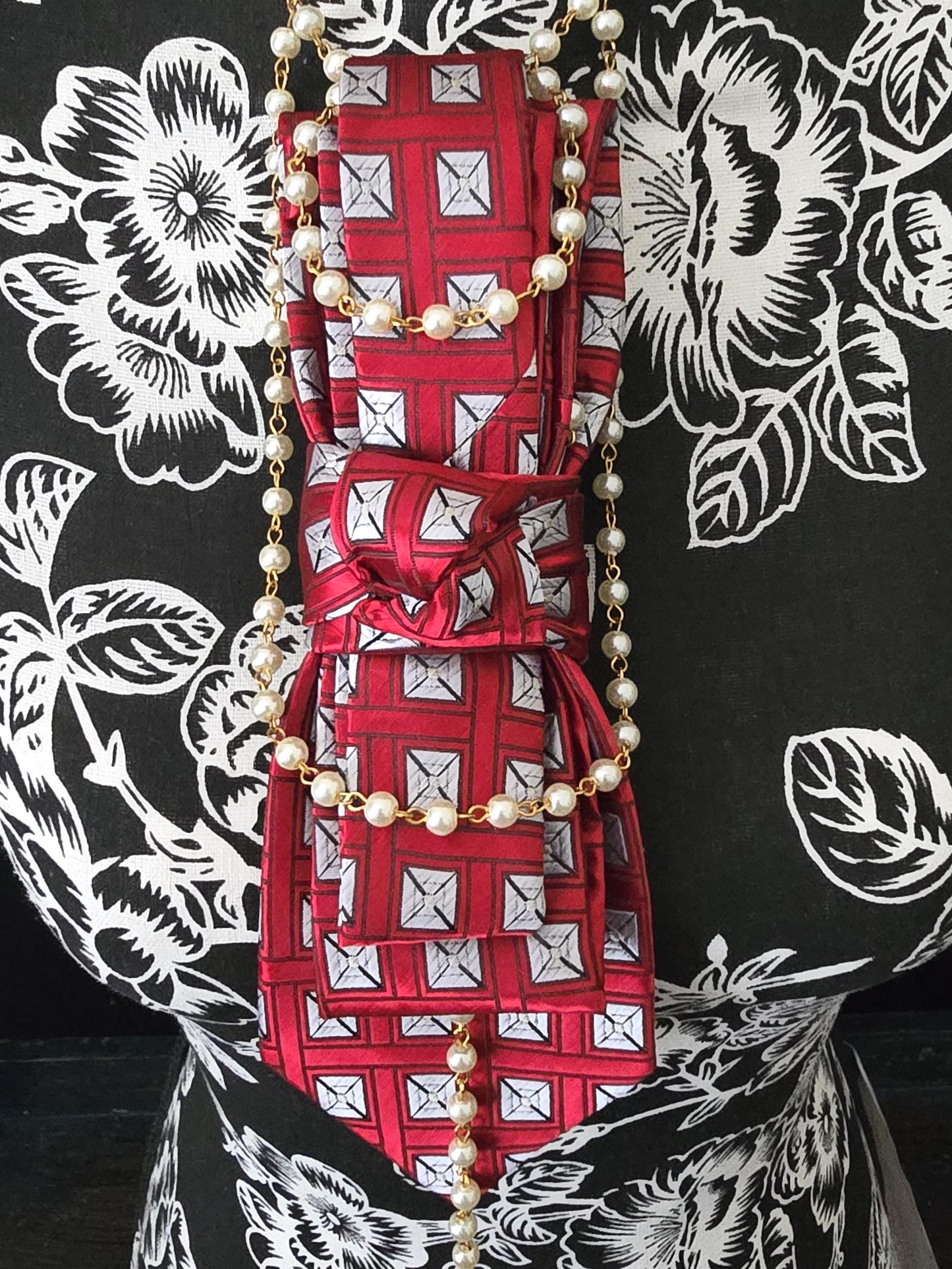 Simply Elegant Red and White Women's Necktie Necklace - Handcrafted Statement Jewelry - Brooch Necktie For Women