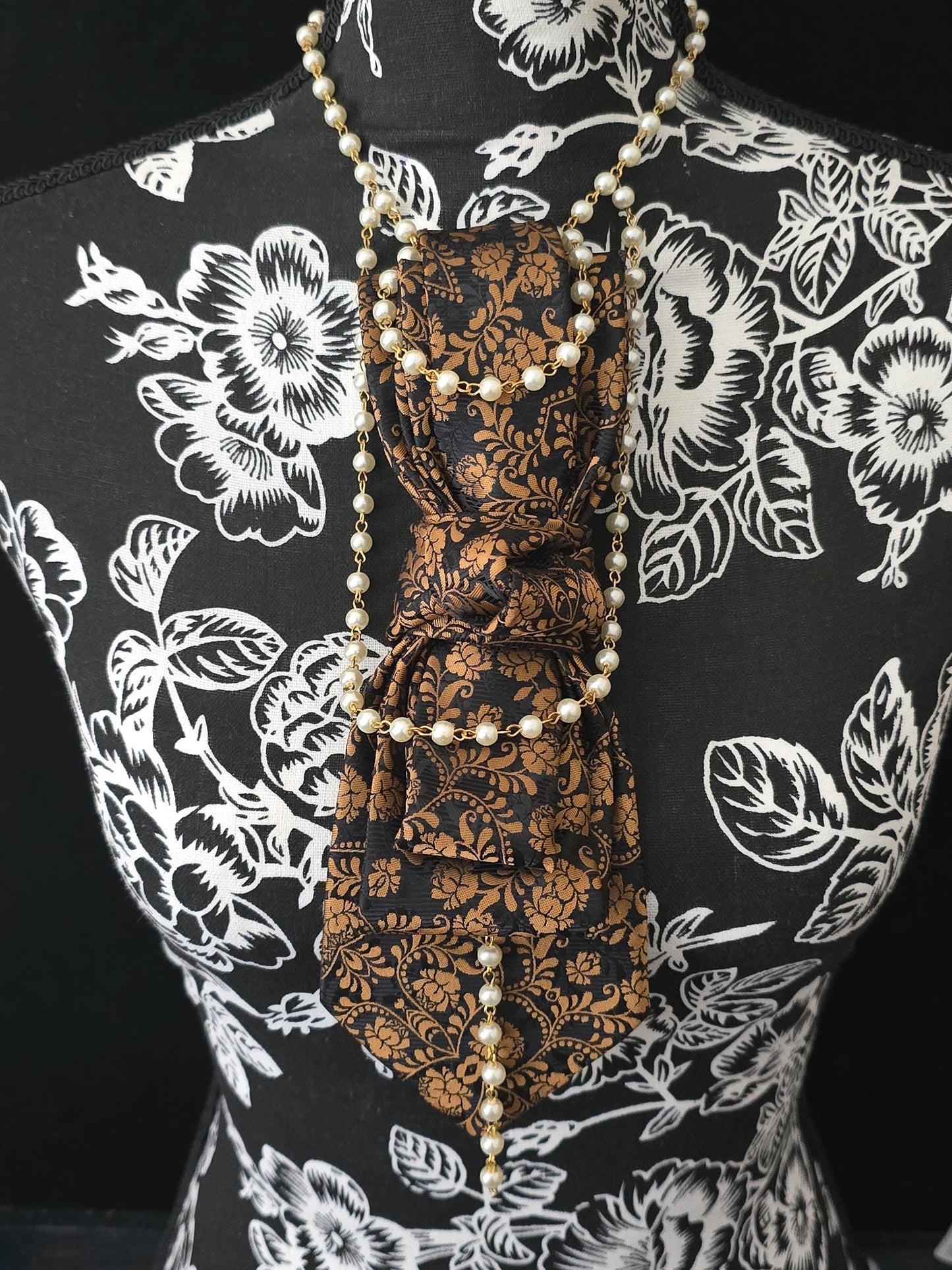 Simply Elegant Gold and Black Floral Women's Necktie Necklace - Handcrafted Statement Jewelry - Brooch Necktie For Women