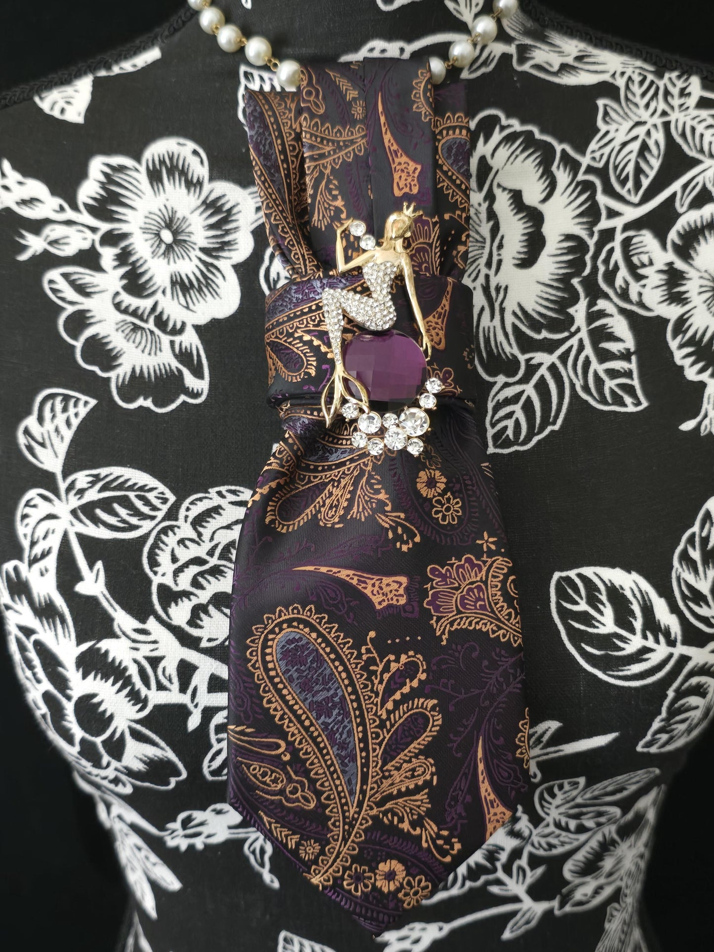 Purple and Gold Paisley Necktie Necklace: Brown Silk, Rhinestone Mermaid  Brooch