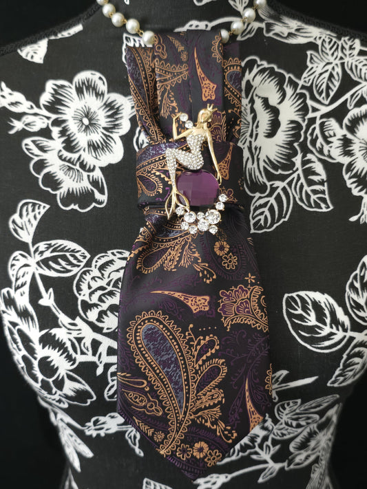 Purple and Gold Paisley Necktie Necklace: Brown Silk, Rhinestone Mermaid  Brooch