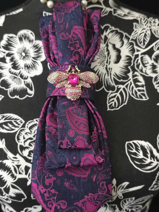 Simply Elegant Pink and Blue Paisley Women's Necktie Necklace - Handcrafted Statement Jewelry - Brooch Necktie - Stylish Neckwear For Women