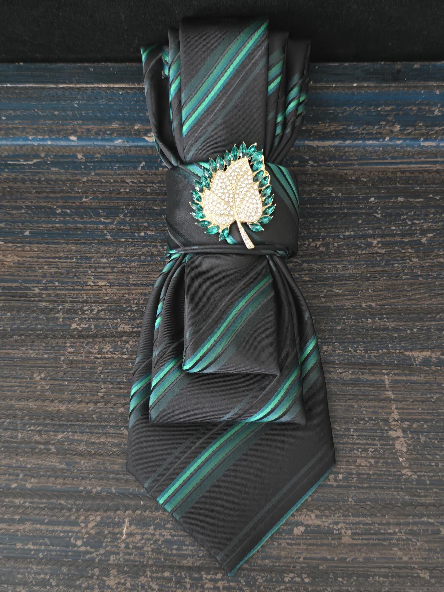 Simply Elegant Green Striped Women's Necktie Necklace -Handcrafted Statement Jewelry- Brooch Necktie - Stylish Neckwear For Women
