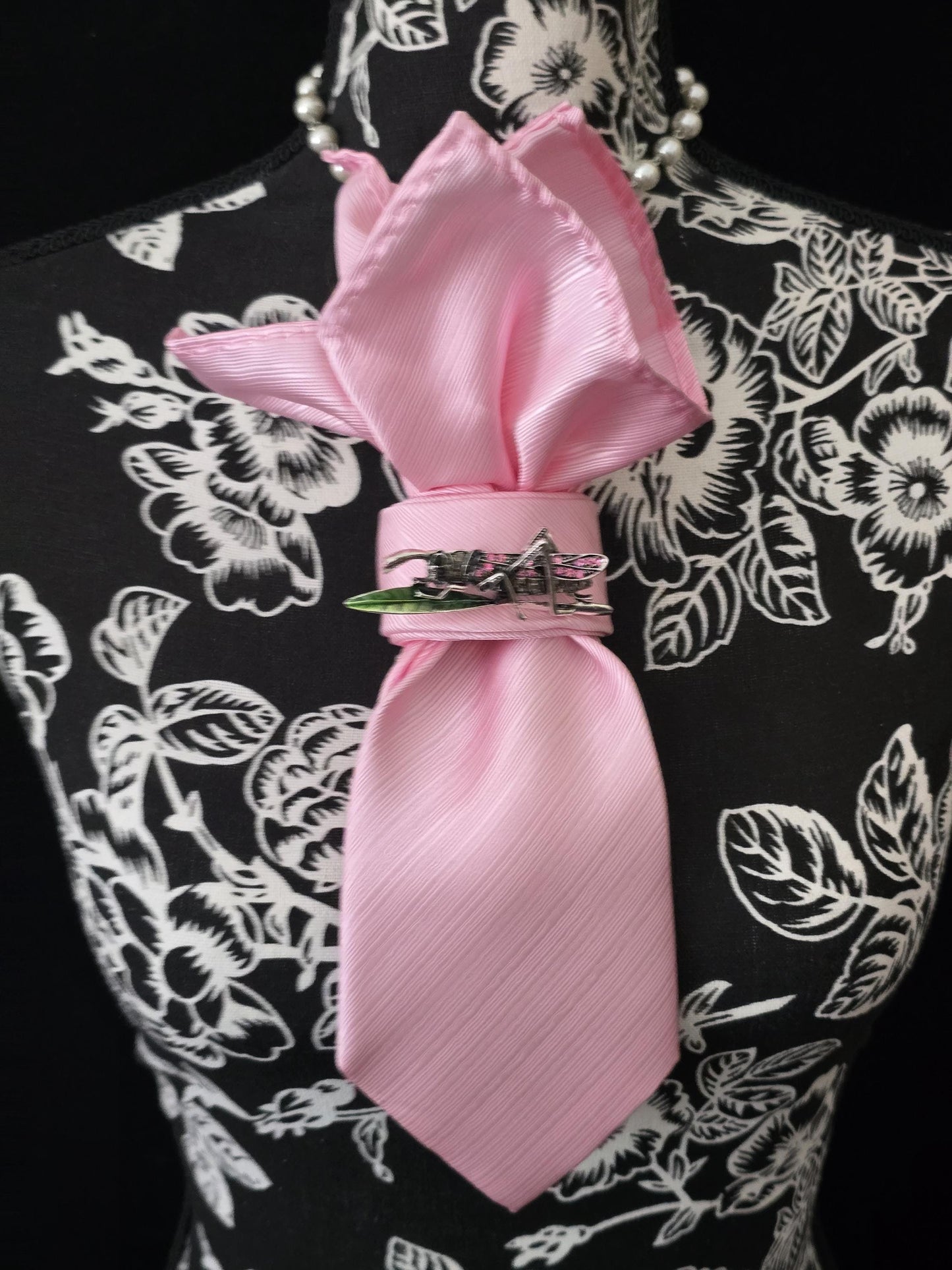 Pink  Women's Tie- Grasshopper Brooch Necklace - Handcrafted Statement Jewelry - Brooch Necktie - Stylish Neckwear For Women