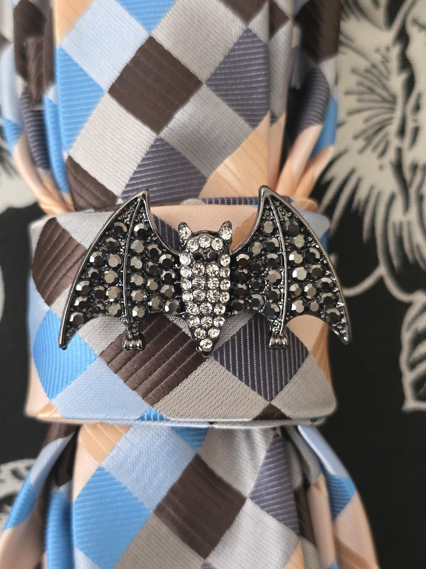 Blue/Brown Plaid Women's Tie-  Brooch Necklace - Handcrafted Statement Jewelry - Brooch Necktie - Stylish Neckwear For Women