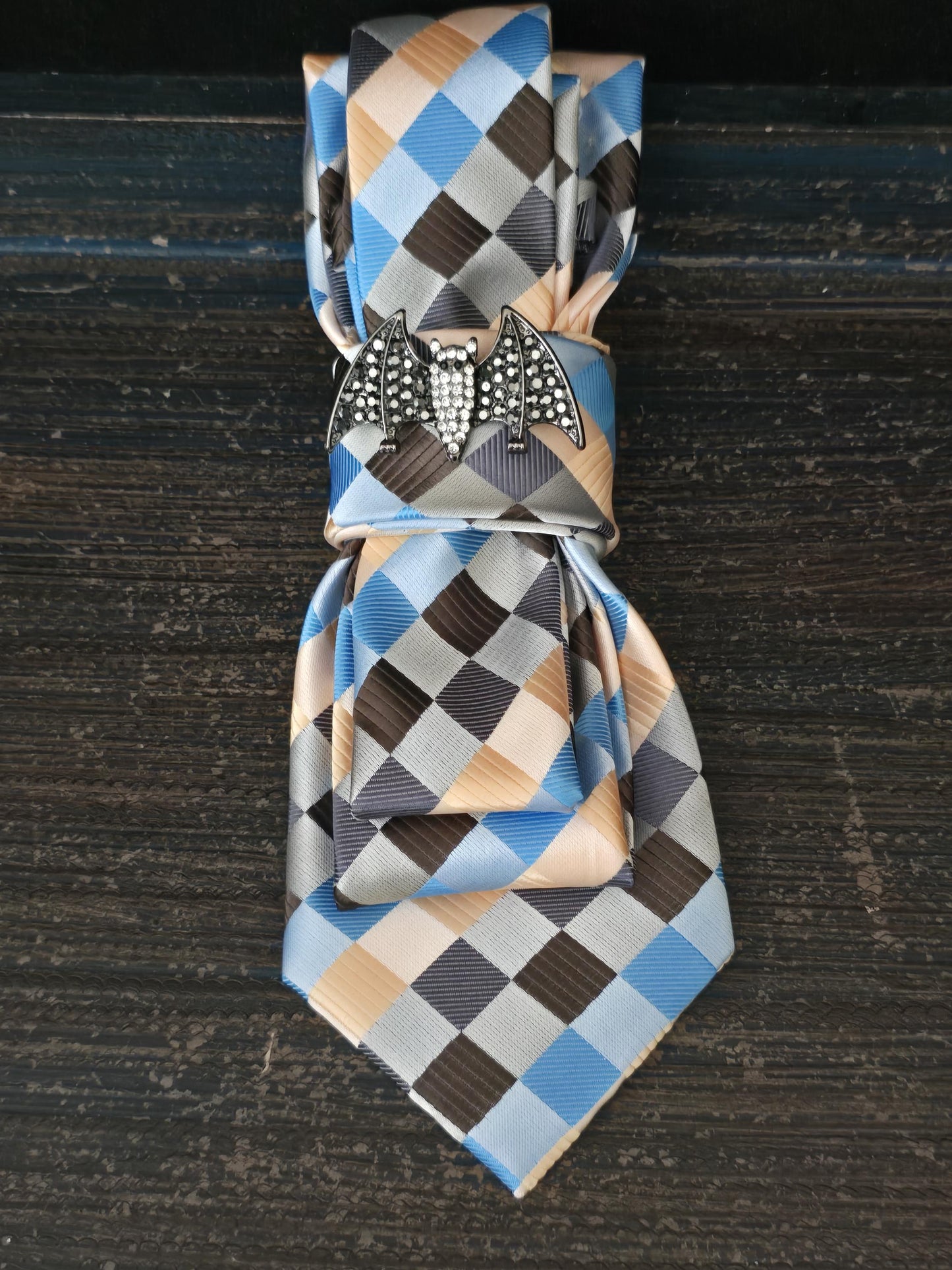 Blue/Brown Plaid Women's Tie-  Brooch Necklace - Handcrafted Statement Jewelry - Brooch Necktie - Stylish Neckwear For Women