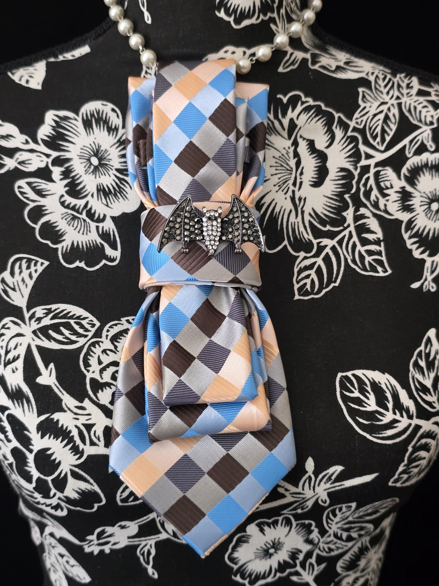 Blue/Brown Plaid Women's Tie-  Brooch Necklace - Handcrafted Statement Jewelry - Brooch Necktie - Stylish Neckwear For Women