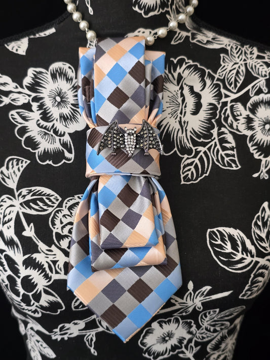 Blue/Brown Plaid Women's Tie-  Brooch Necklace - Handcrafted Statement Jewelry - Brooch Necktie - Stylish Neckwear For Women
