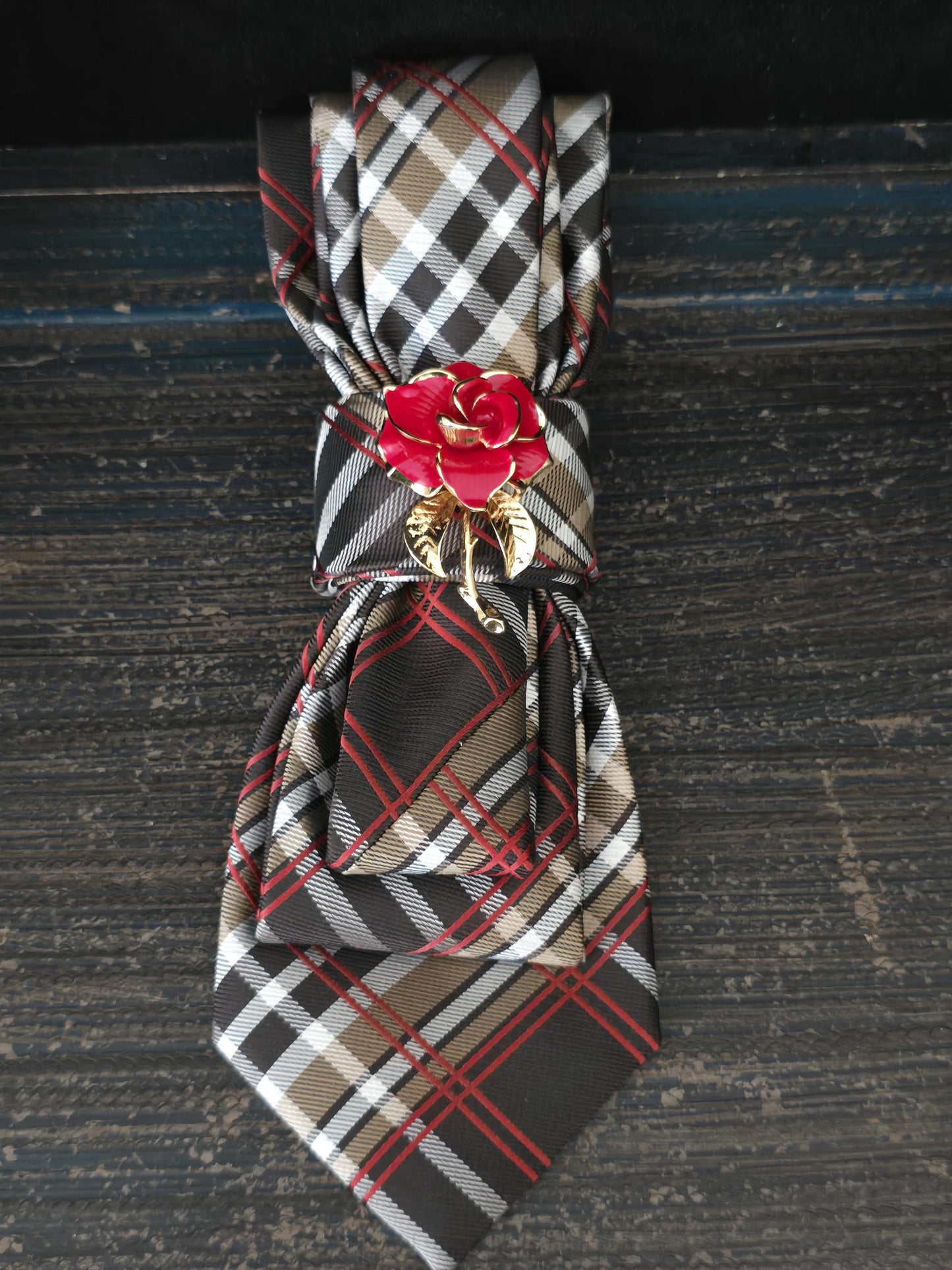 Brown/Red Plaid Women's Tie- Rose Brooch Necklace - Handcrafted Statement Jewelry - Brooch Necktie - Stylish Neckwear For Women
