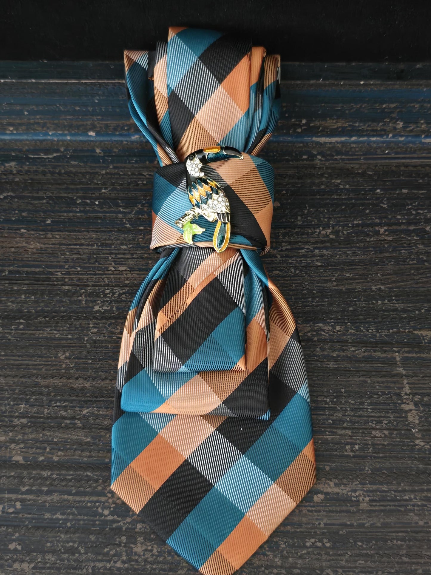 Simply Elegant Orange Plaid Women's Necktie Necklace - Handcrafted Statement Jewelry - Brooch Necktie - Stylish Neckwear For Women