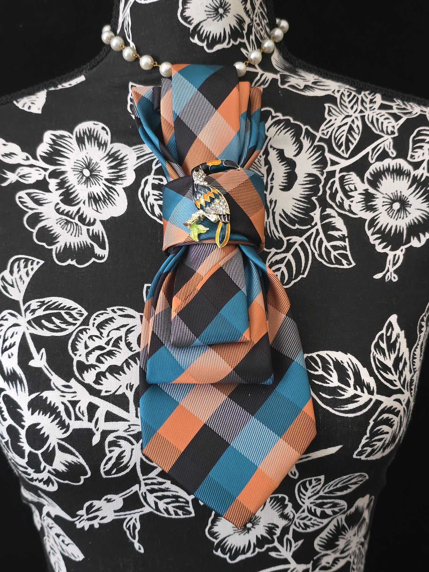 Simply Elegant Orange Plaid Women's Necktie Necklace - Handcrafted Statement Jewelry - Brooch Necktie - Stylish Neckwear For Women