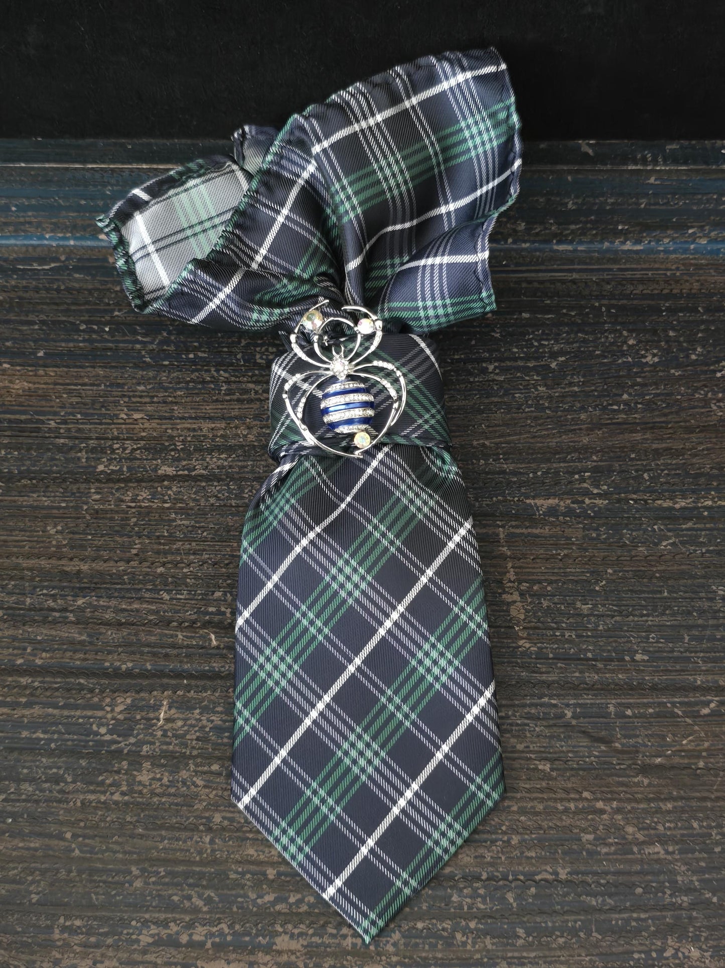 Blue and Green Plaid Necktie Necklace: Silver Spider Brooch, Women's Fashion Tie
