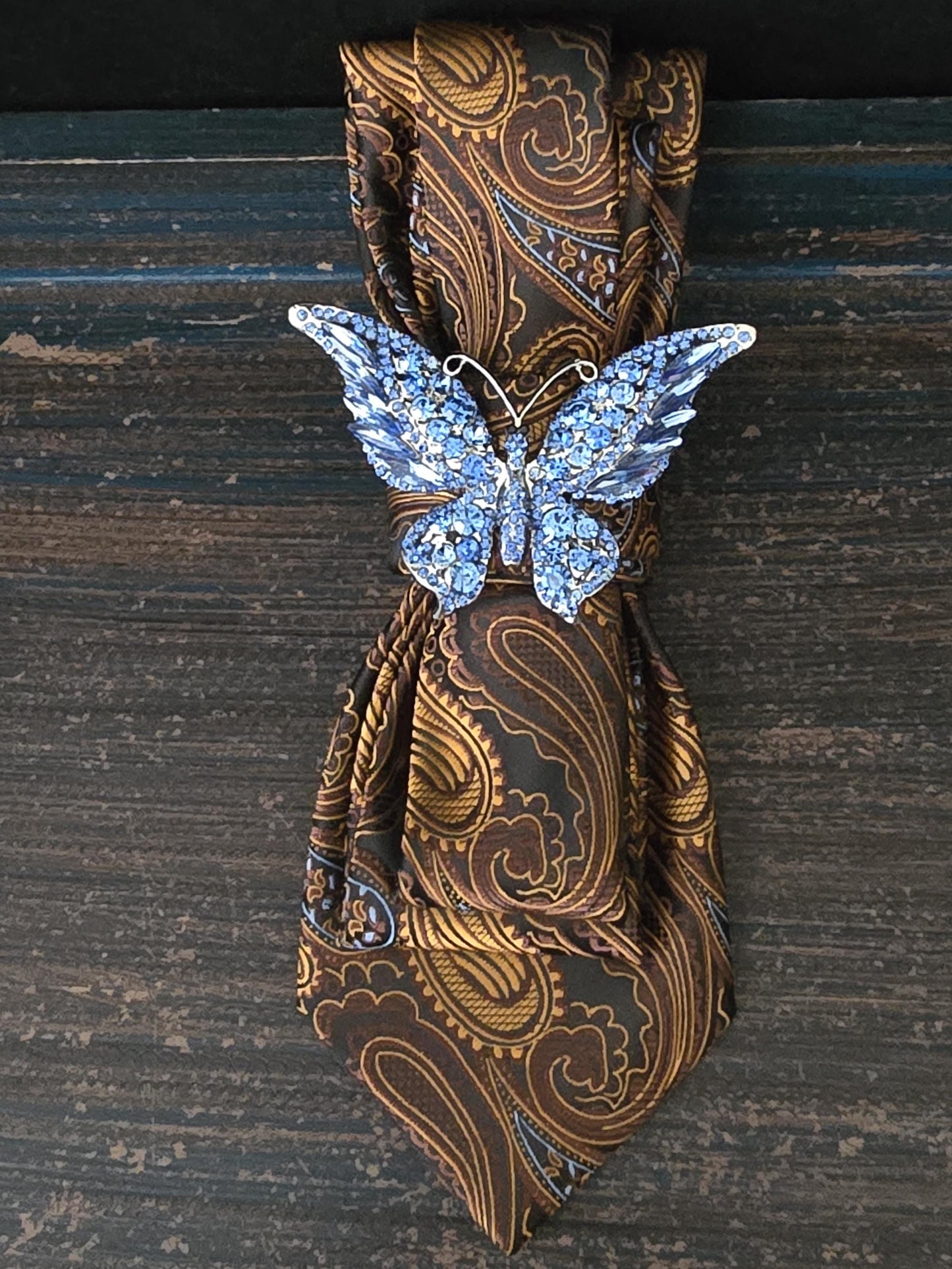 Brown Paisley Necktie Necklace: Brown Silk, Rhinestone Butterfly Brooch
