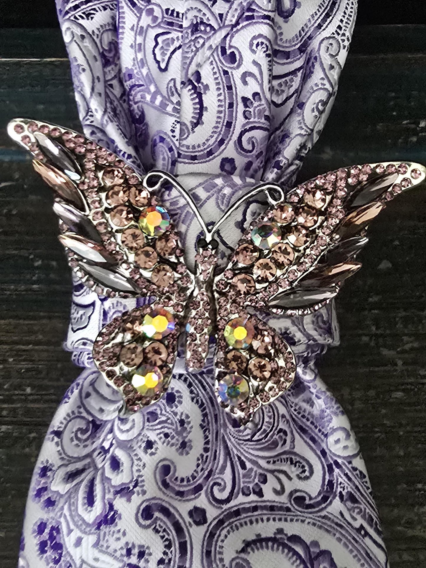 Purple Paisley Necktie Necklace: Purple Silk, Rhinestone Butterfly Brooch