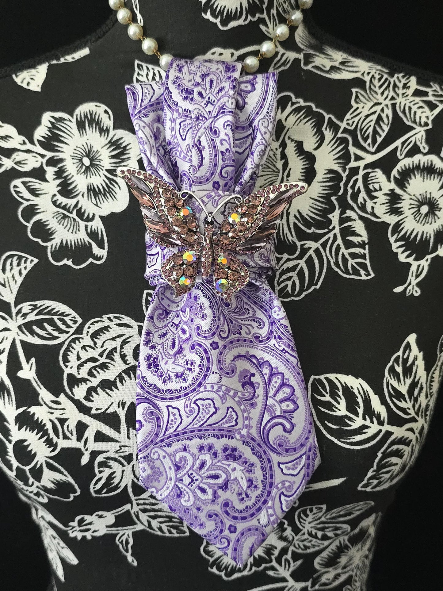 Purple Paisley Necktie Necklace: Purple Silk, Rhinestone Butterfly Brooch