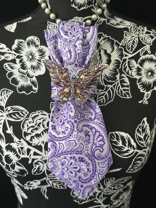 Purple Paisley Necktie Necklace: Purple Silk, Rhinestone Butterfly Brooch