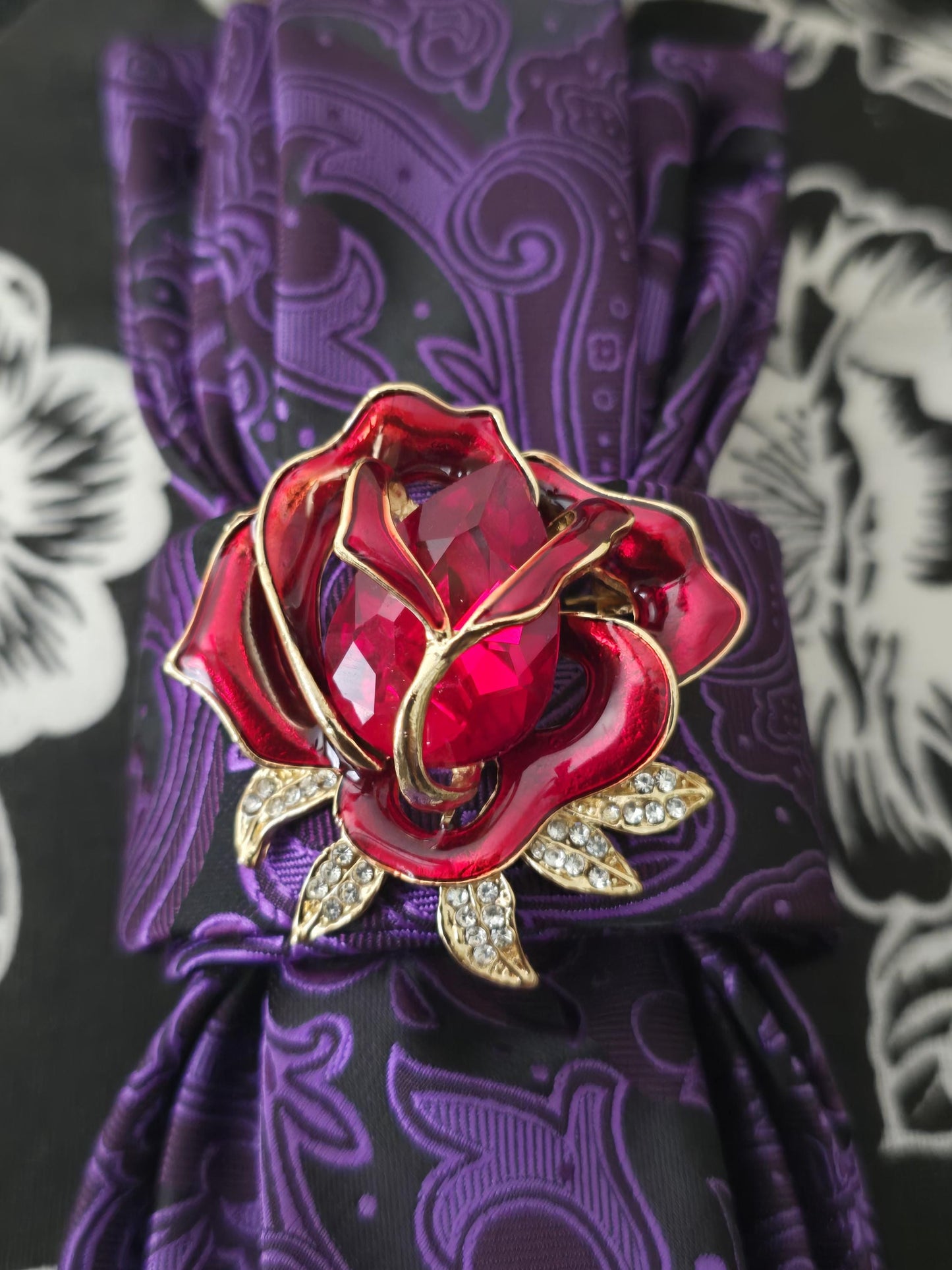 Purple Paisley Women's Tie- Ballerina Brooch Necklace - Handcrafted Statement Jewelry - Brooch Necktie - Stylish Neckwear For Women