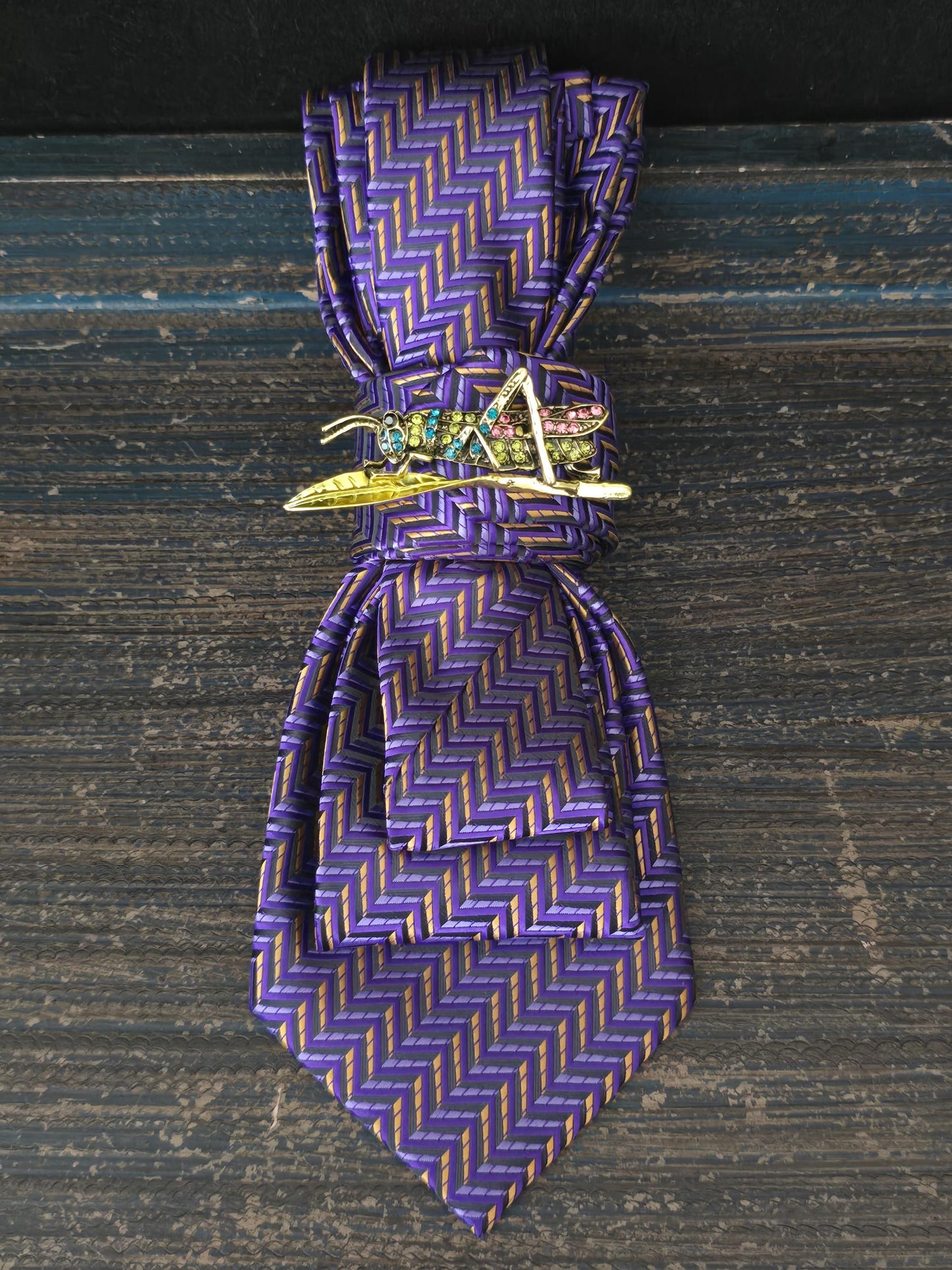 Purple  Women's Tie- Grasshopper Brooch Necklace - Handcrafted Statement Jewelry - Brooch Necktie - Stylish Neckwear For Women