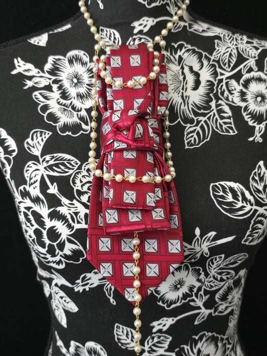Simply Elegant Red and White Women's Necktie Necklace - Handcrafted Statement Jewelry - Brooch Necktie For Women