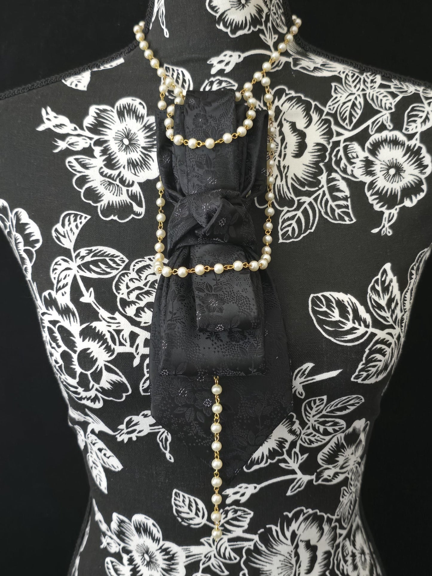 Simply Elegant Black Floral Women's Necktie Necklace - Handcrafted Statement Jewelry - Brooch Necktie For Women