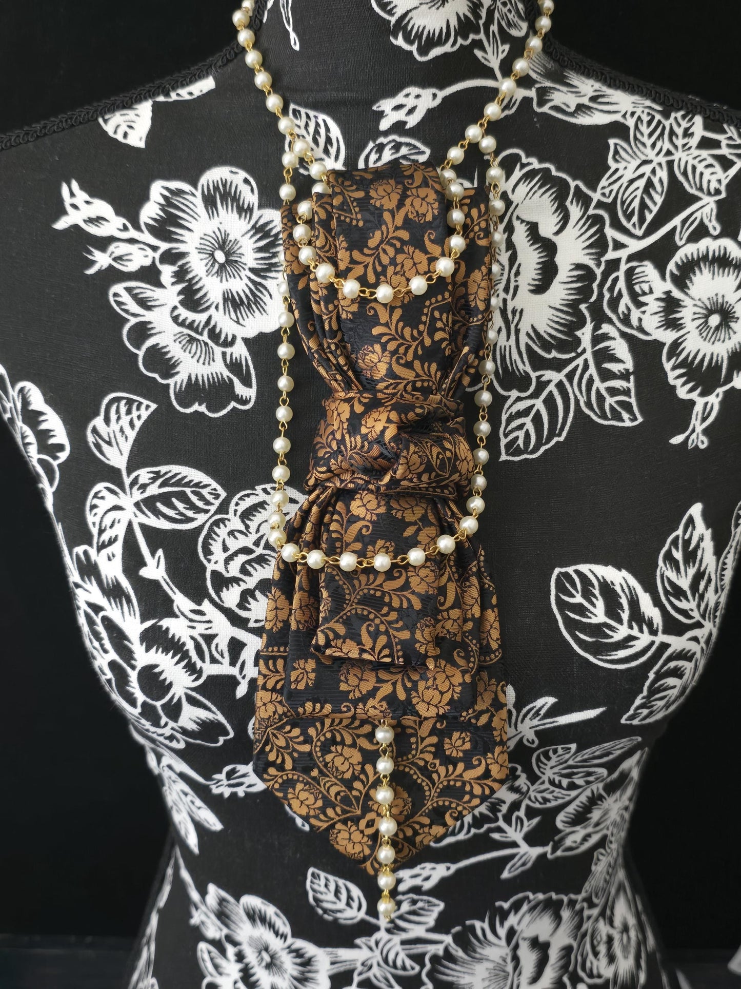 Simply Elegant Gold and Black Floral Women's Necktie Necklace - Handcrafted Statement Jewelry - Brooch Necktie For Women