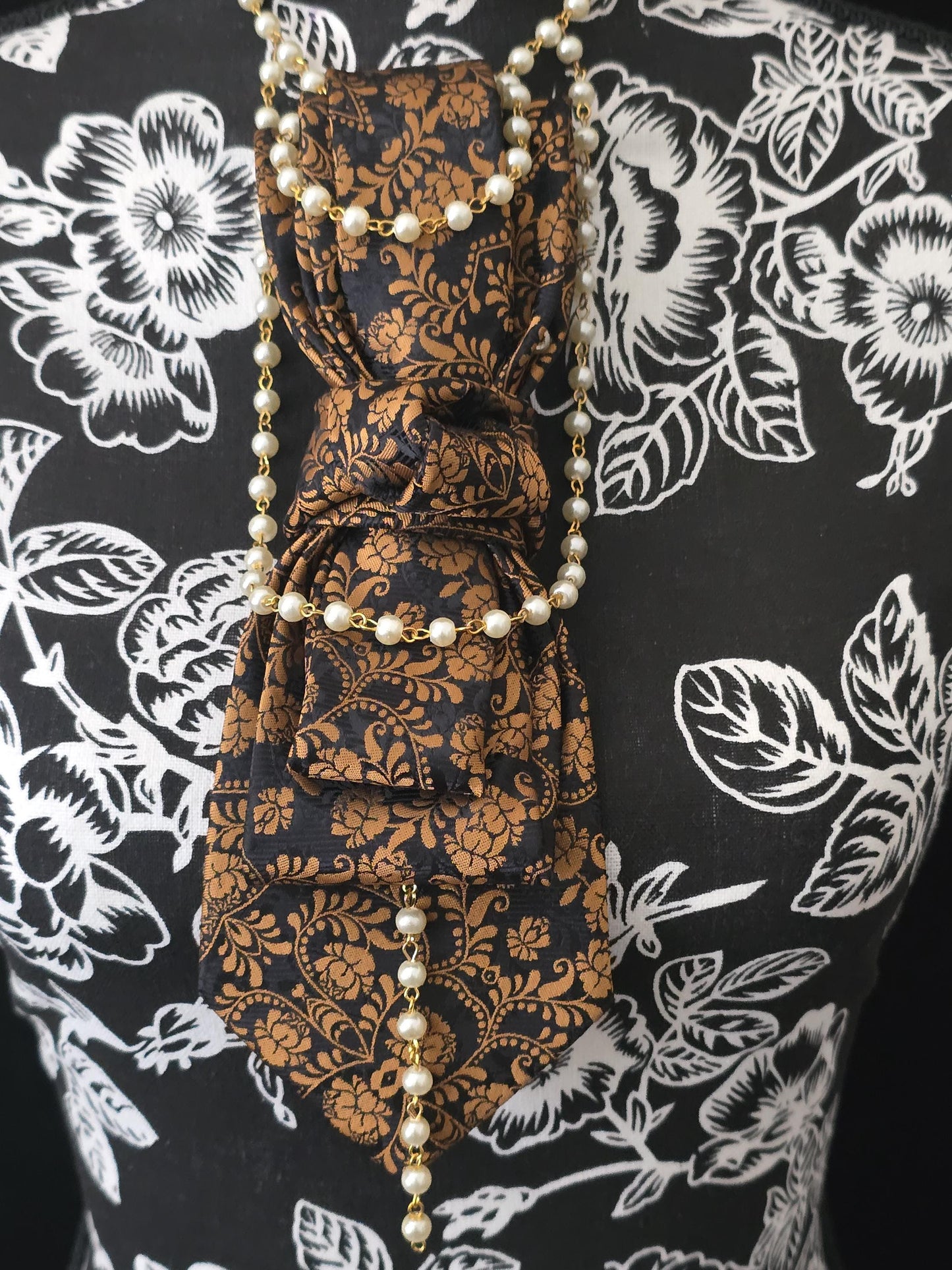 Simply Elegant Gold and Black Floral Women's Necktie Necklace - Handcrafted Statement Jewelry - Brooch Necktie For Women