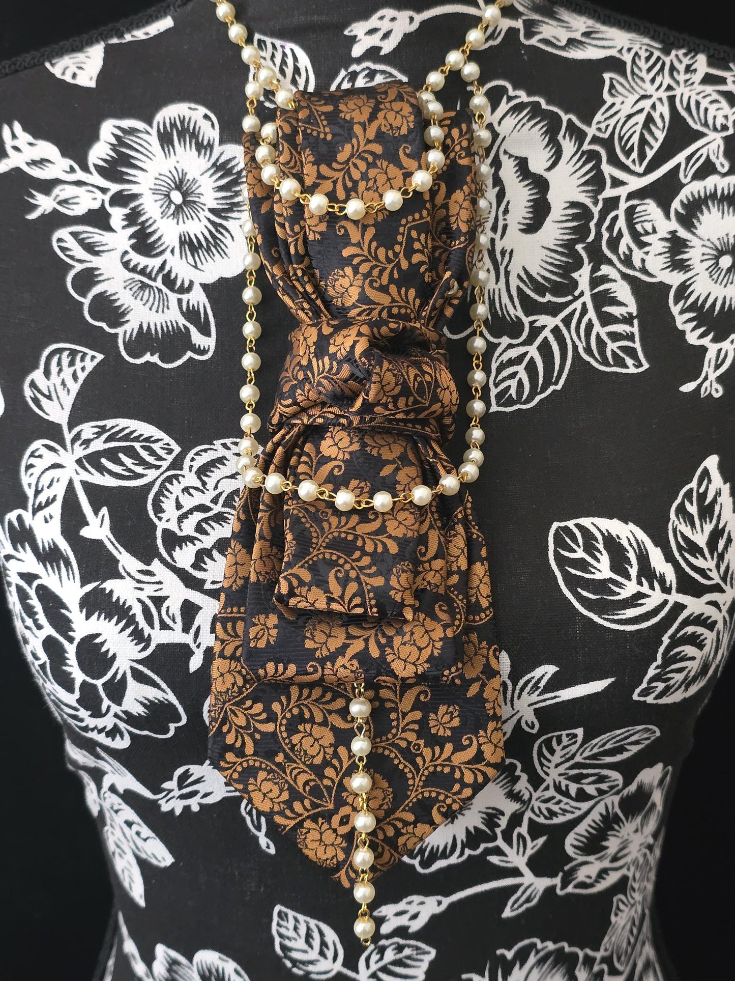 Simply Elegant Gold and Black Floral Women's Necktie Necklace - Handcrafted Statement Jewelry - Brooch Necktie For Women