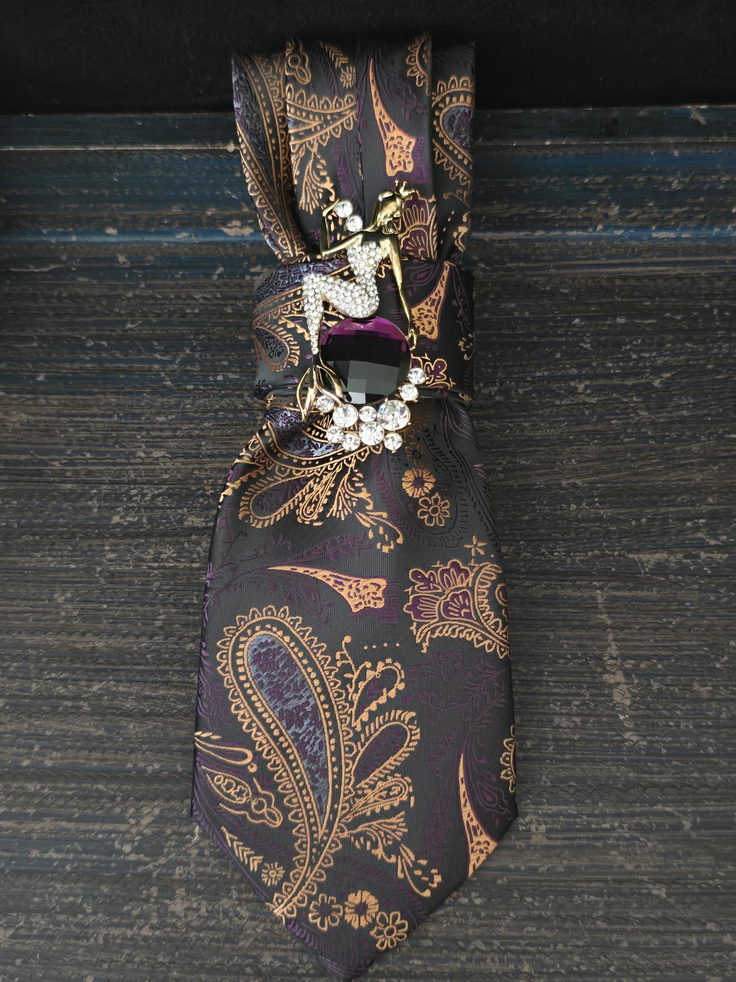 Purple and Gold Paisley Necktie Necklace: Brown Silk, Rhinestone Mermaid  Brooch