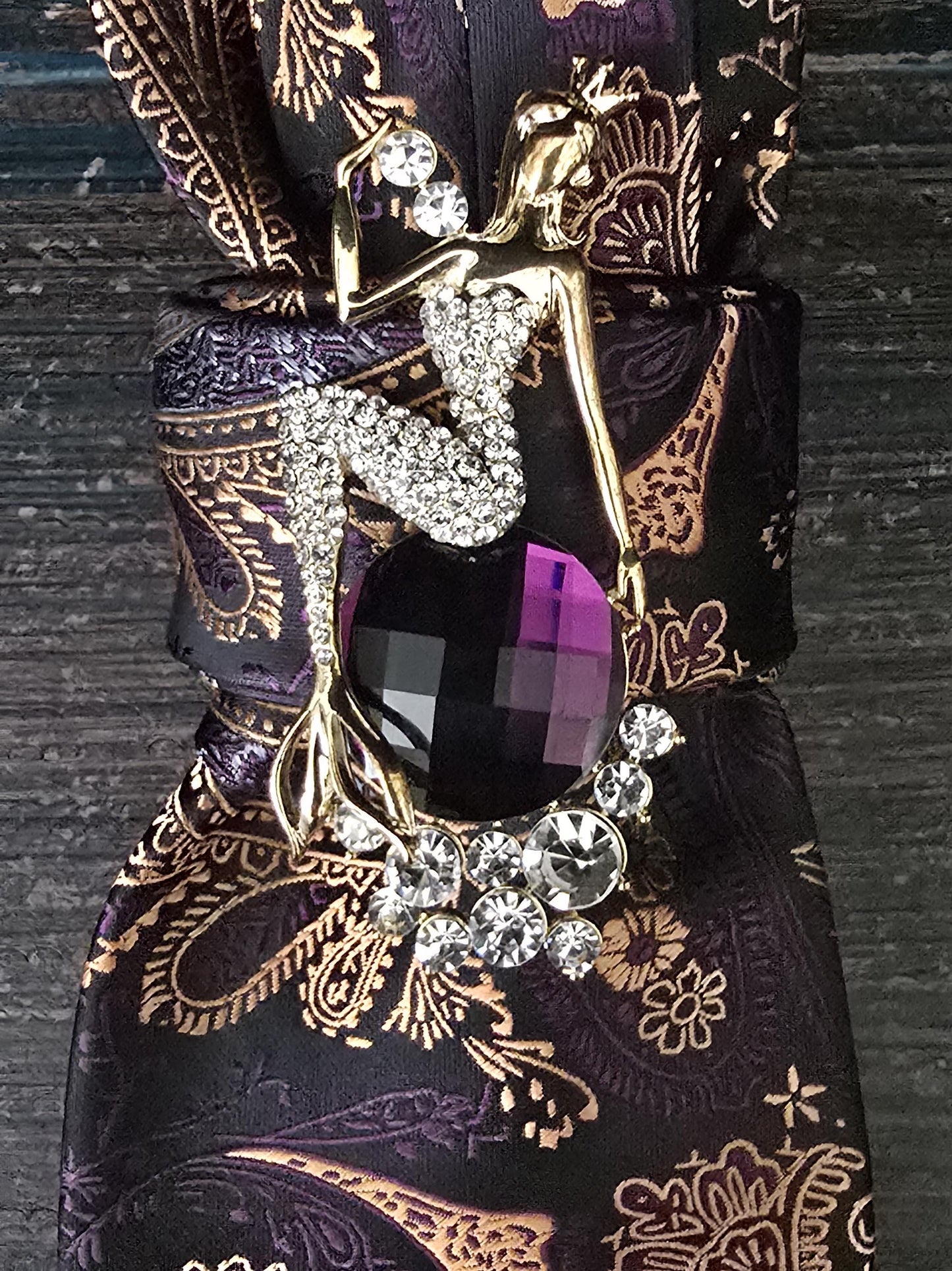 Purple and Gold Paisley Necktie Necklace: Brown Silk, Rhinestone Mermaid  Brooch