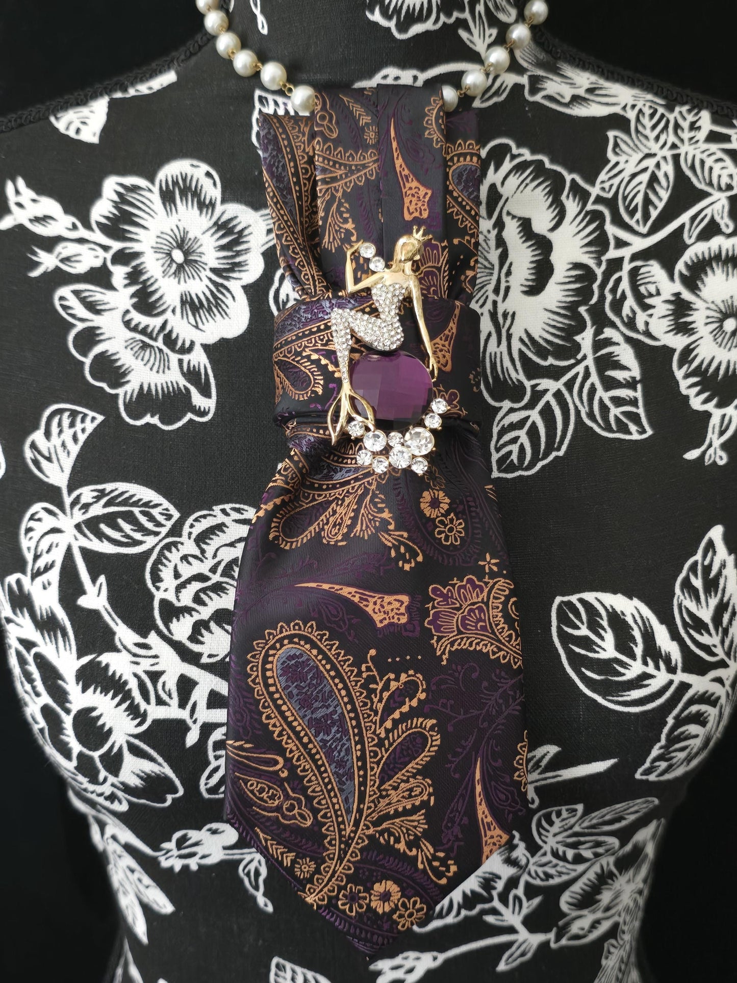 Purple and Gold Paisley Necktie Necklace: Brown Silk, Rhinestone Mermaid  Brooch