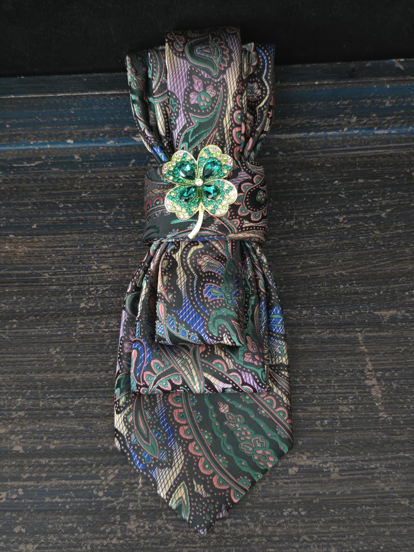 Simply Elegant Green Multi-Color Paisley Women's Necktie Necklace - Brooch Necktie - Stylish Neckwear For Women