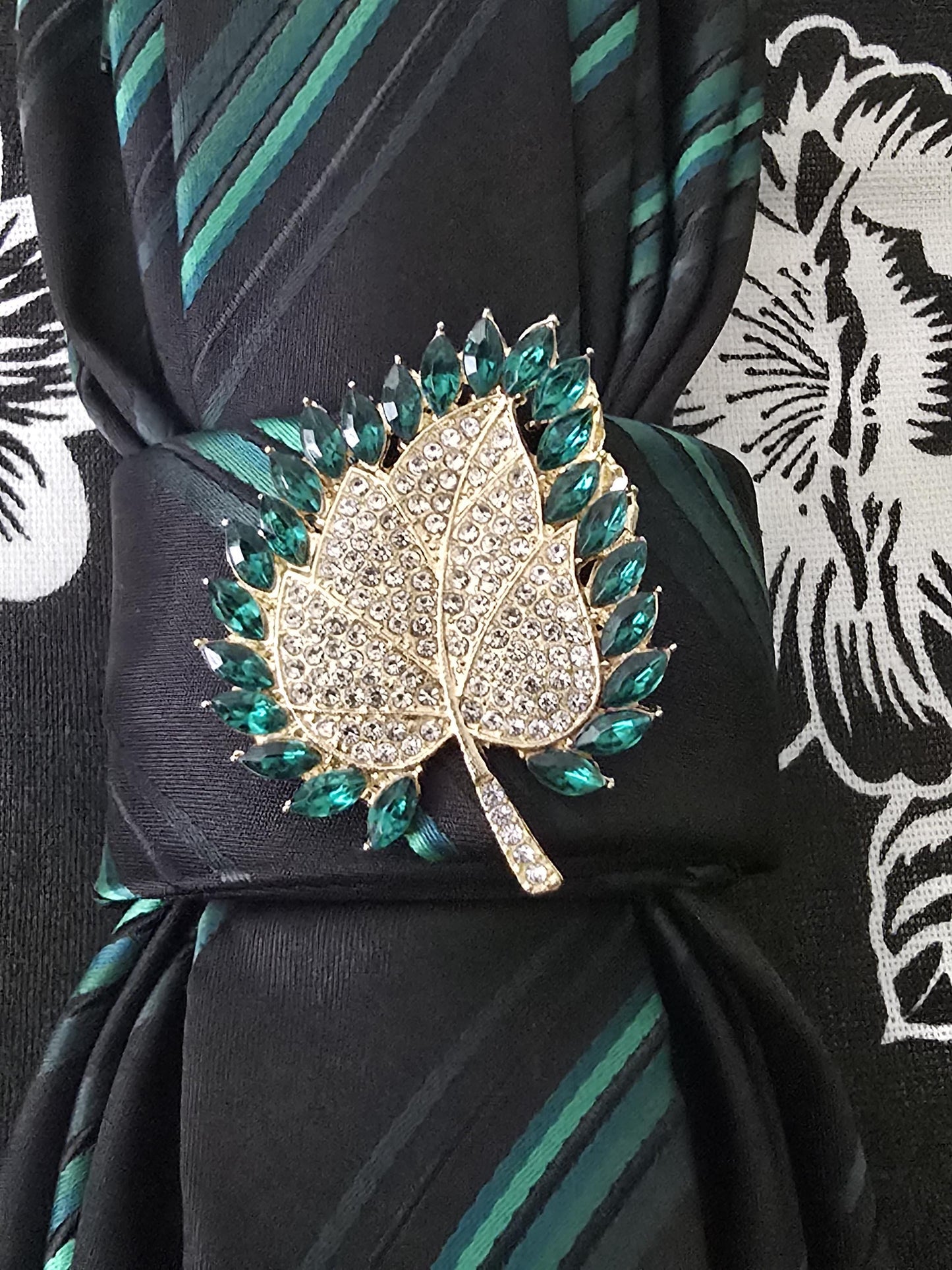 Simply Elegant Green Striped Women's Necktie Necklace -Handcrafted Statement Jewelry- Brooch Necktie - Stylish Neckwear For Women