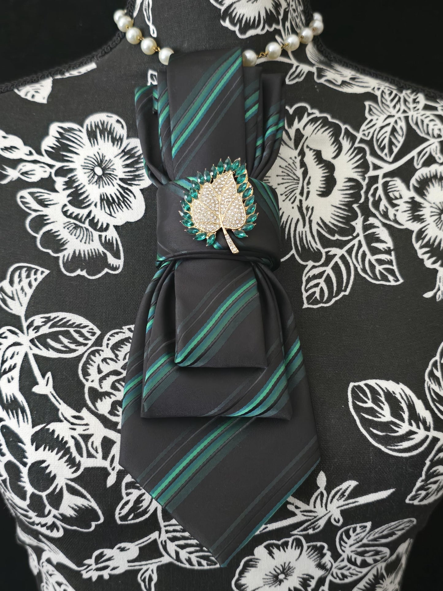 Simply Elegant Green Striped Women's Necktie Necklace -Handcrafted Statement Jewelry- Brooch Necktie - Stylish Neckwear For Women