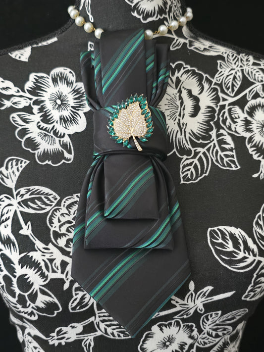 Simply Elegant Green Striped Women's Necktie Necklace -Handcrafted Statement Jewelry- Brooch Necktie - Stylish Neckwear For Women