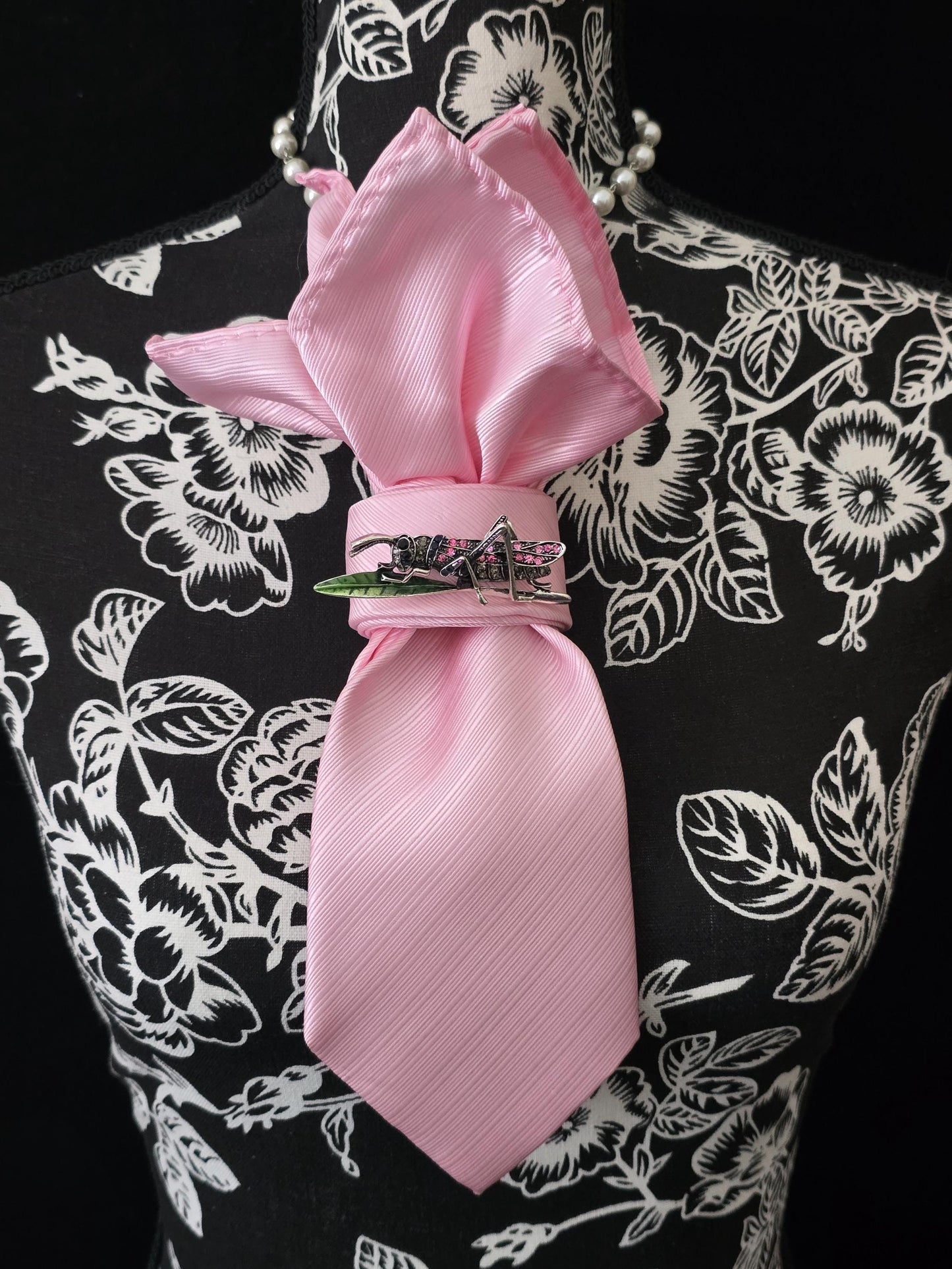 Pink  Women's Tie- Grasshopper Brooch Necklace - Handcrafted Statement Jewelry - Brooch Necktie - Stylish Neckwear For Women