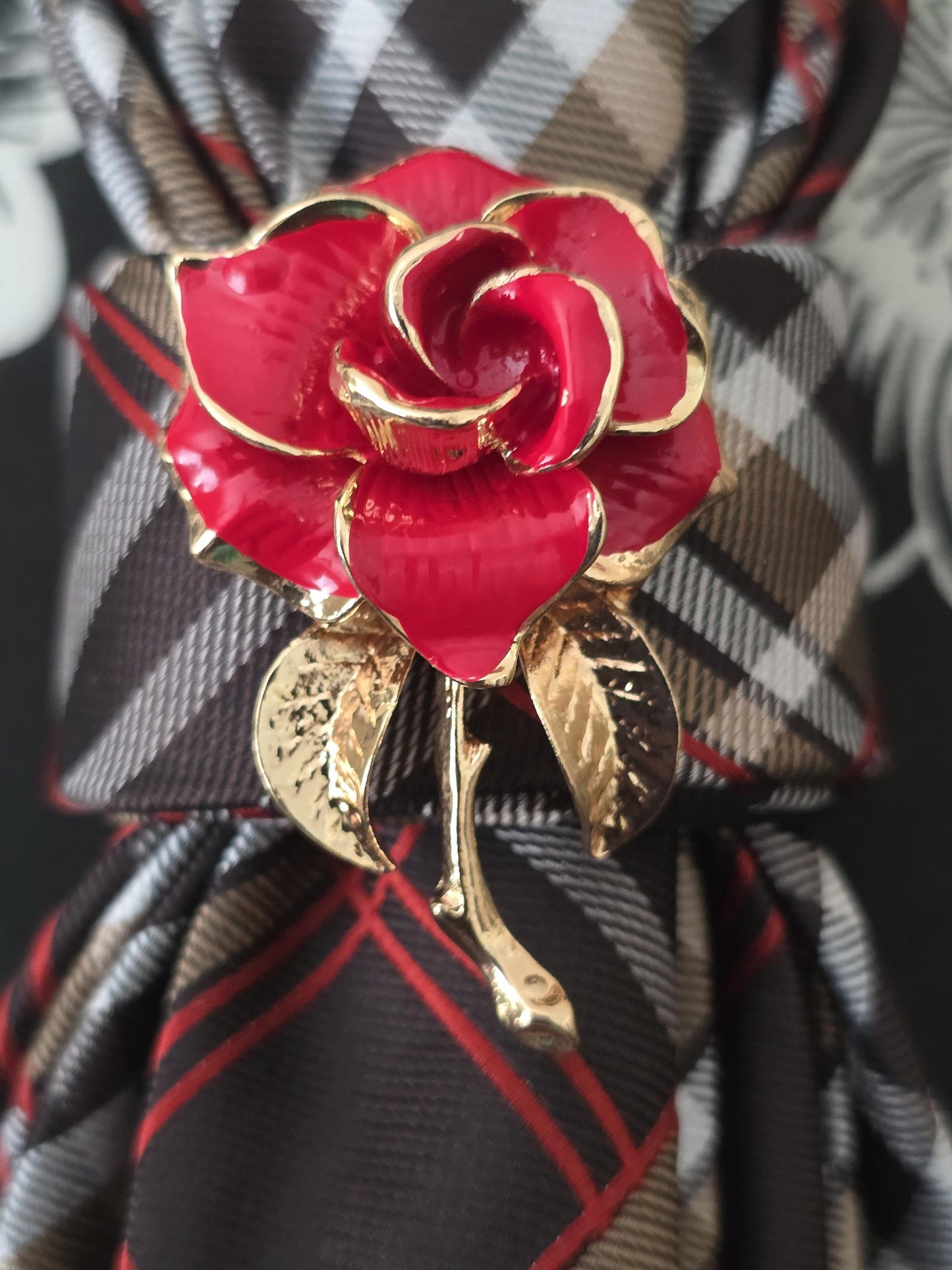 Brown/Red Plaid Women's Tie- Rose Brooch Necklace - Handcrafted Statement Jewelry - Brooch Necktie - Stylish Neckwear For Women