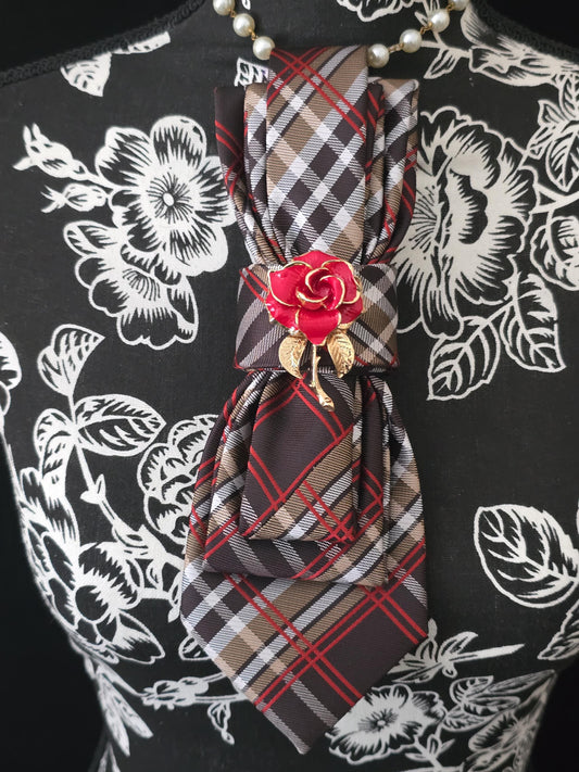 Brown/Red Plaid Women's Tie- Rose Brooch Necklace - Handcrafted Statement Jewelry - Brooch Necktie - Stylish Neckwear For Women