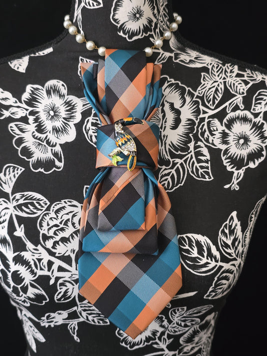 Simply Elegant Orange Plaid Women's Necktie Necklace - Handcrafted Statement Jewelry - Brooch Necktie - Stylish Neckwear For Women