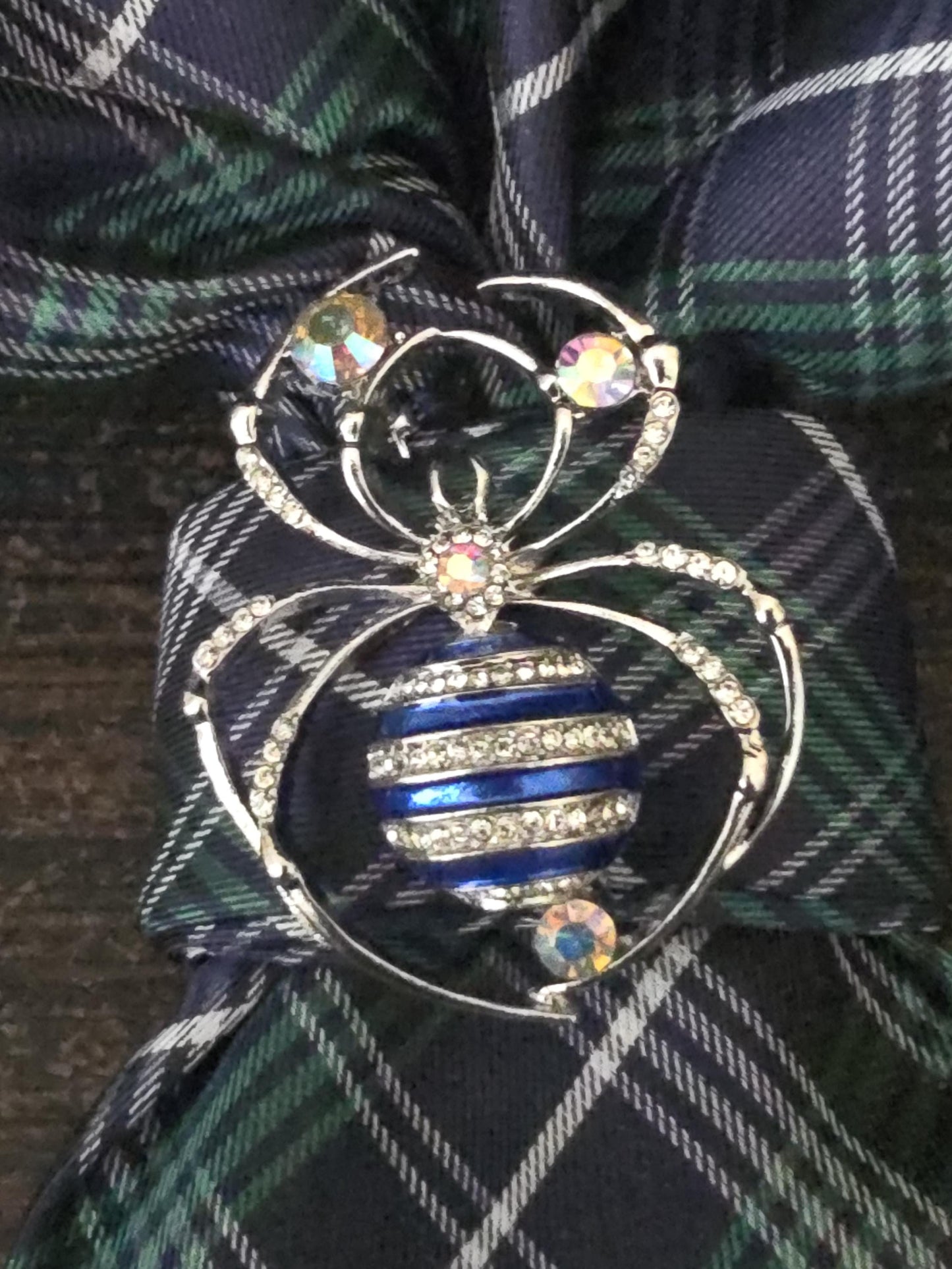Blue and Green Plaid Necktie Necklace: Silver Spider Brooch, Women's Fashion Tie